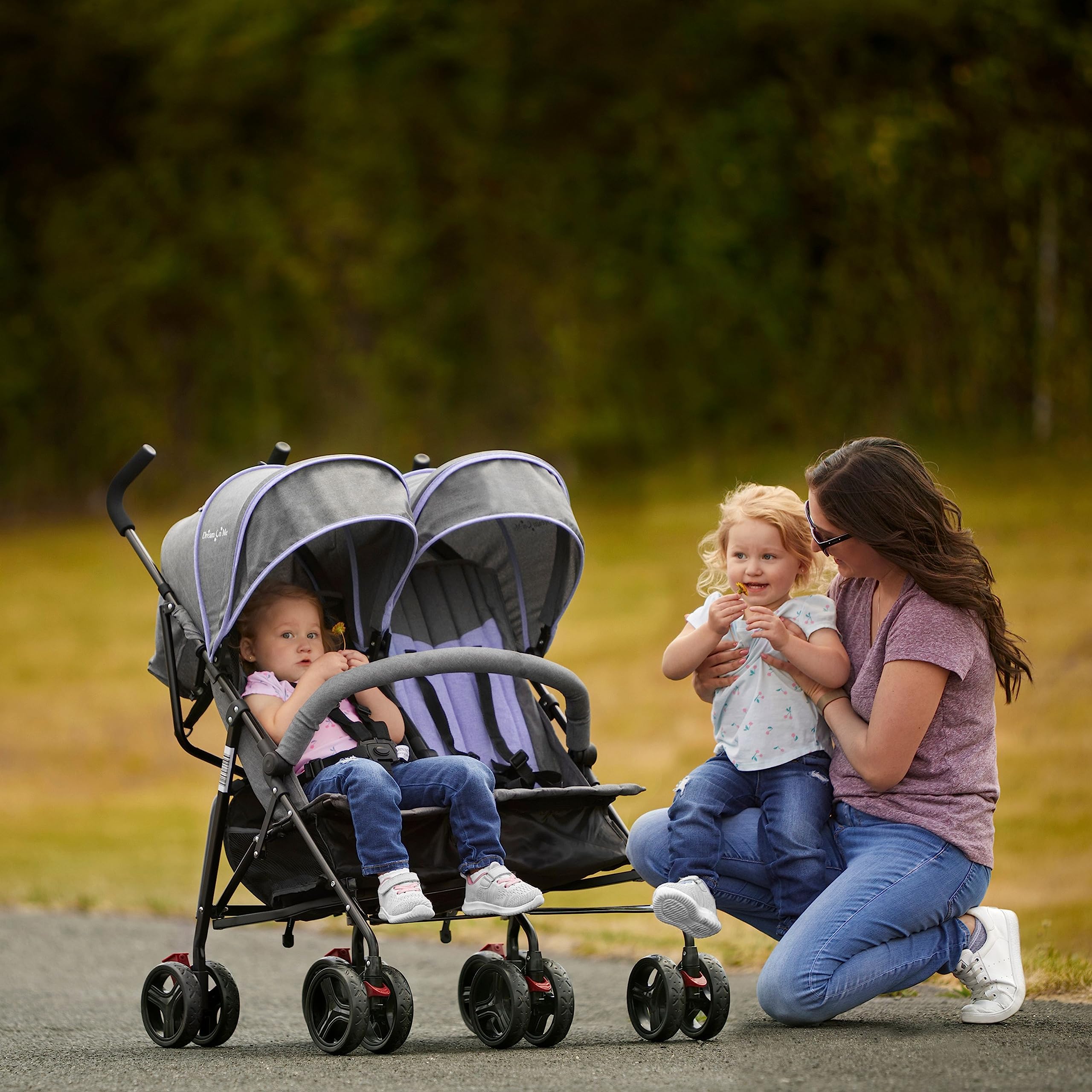 Dream On Me Volgo Twin Umbrella Stroller - Lightweight Double Stroller for Infant & Toddler (0-50 lbs), Compact Fold, Large Storage Basket & Adjustable Canopy - Perfect for Travel, Shopping & Outdoor Walks