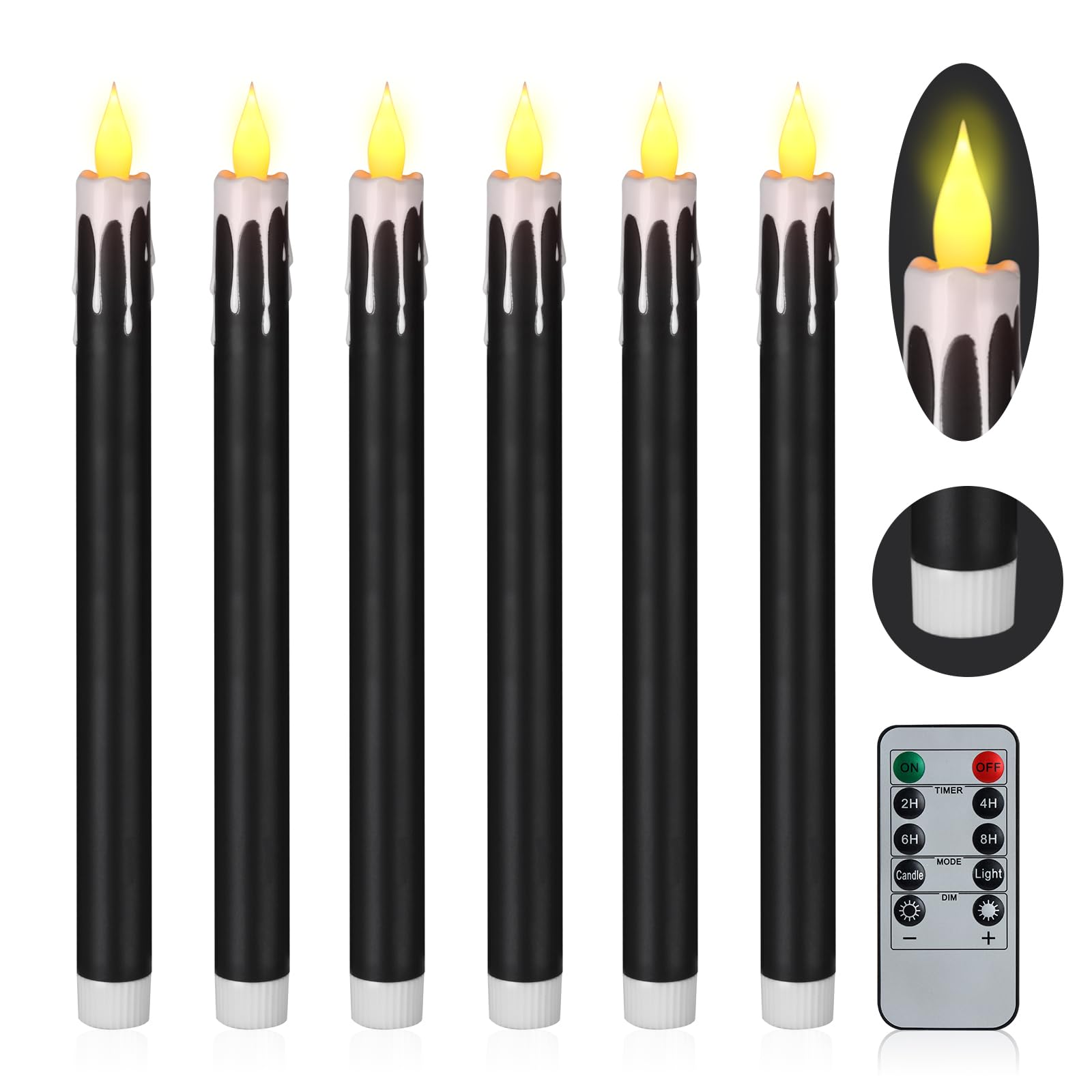 Flameless Taper Candles 10.6 Inch - Dripless Battery Operated Candles with Remote Timer - 400+ Hours Runtime (2 AA Batteries Included) - Perfect for Halloween, Christmas, Wedding Decor - Set of 6 (Black & White) - Elegant Table Centerpiece for Dining Room, Church Altar & Romantic Dinner Lighting