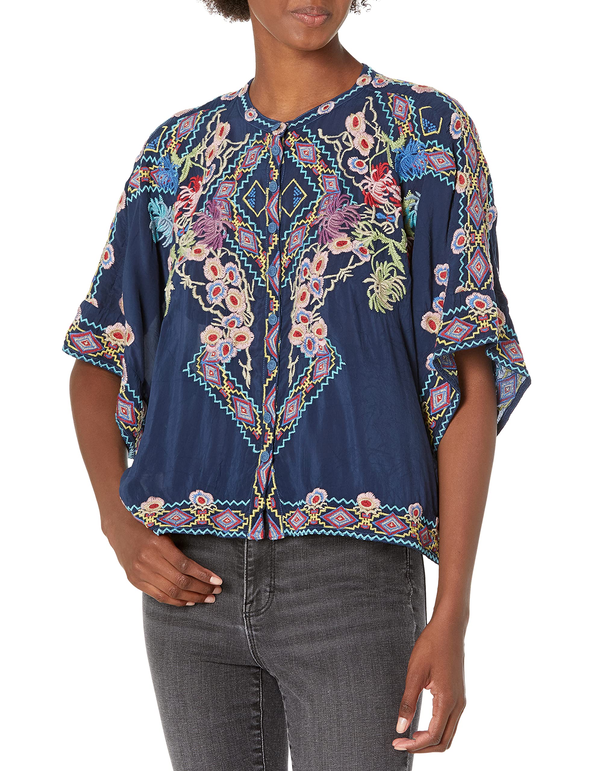 Johnny Was Women's Short Sleeve Boho Blouse - Floral Print V-Neck Tunic Top for Casual Wear & Summer Outfits