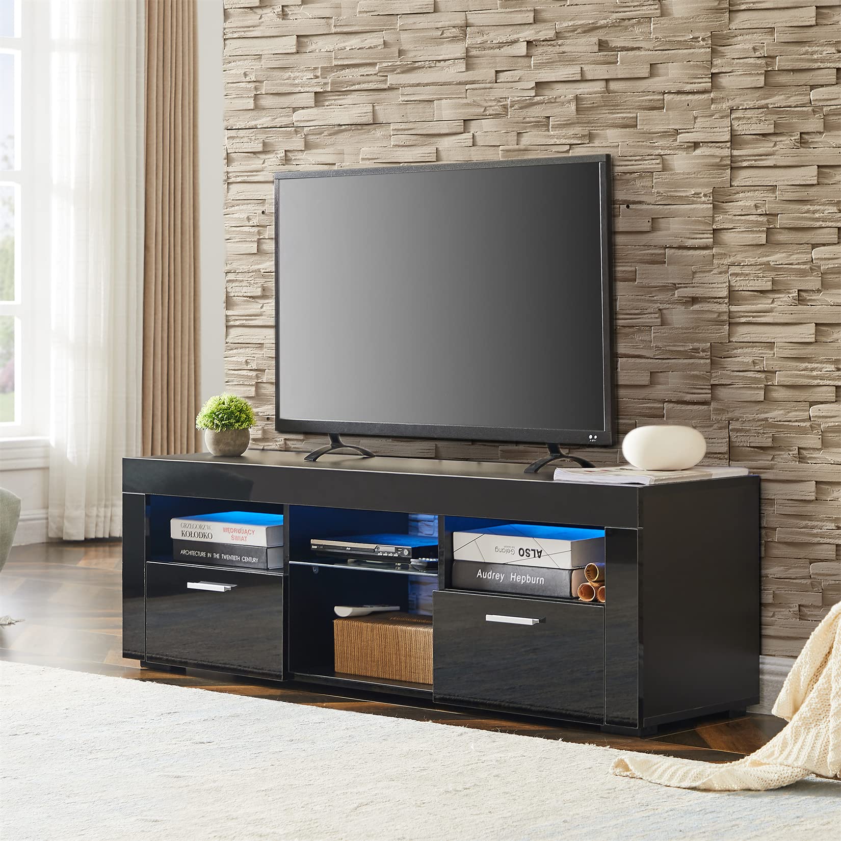 Bellemave 55 inch TV Stand with LED Lights - High Gloss Modern Entertainment Center & Media Console with Storage - Wood TV Cabinet for Living Room, Bedroom - Black