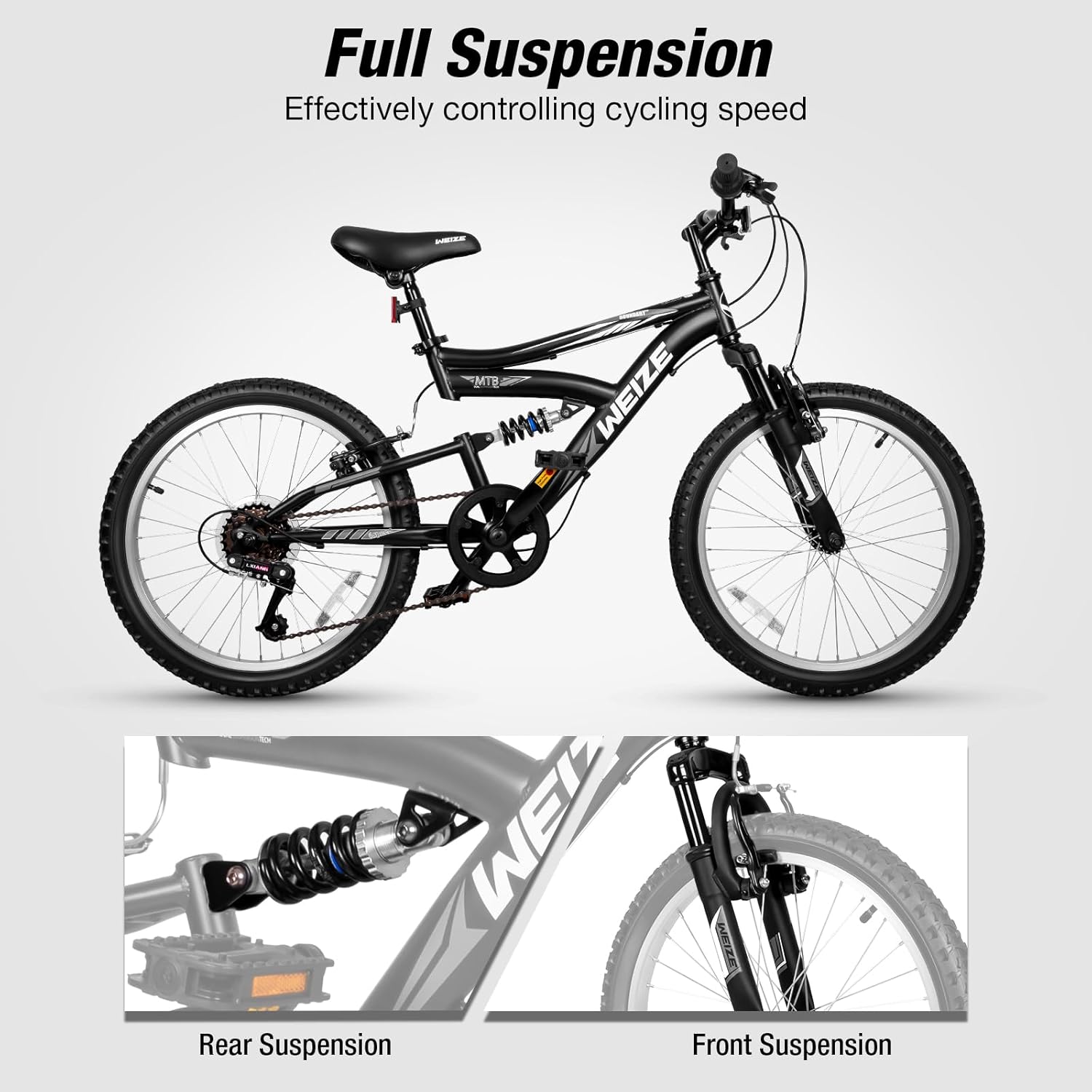 WEIZE 20 Inch Kids Mountain Bike for Boys & Girls Ages 6-13 - Dual Full Suspension, 6-Speed Drivetrain, High Carbon Steel Frame - Perfect for Trail Riding, Neighborhood Adventures & Outdoor Exploration