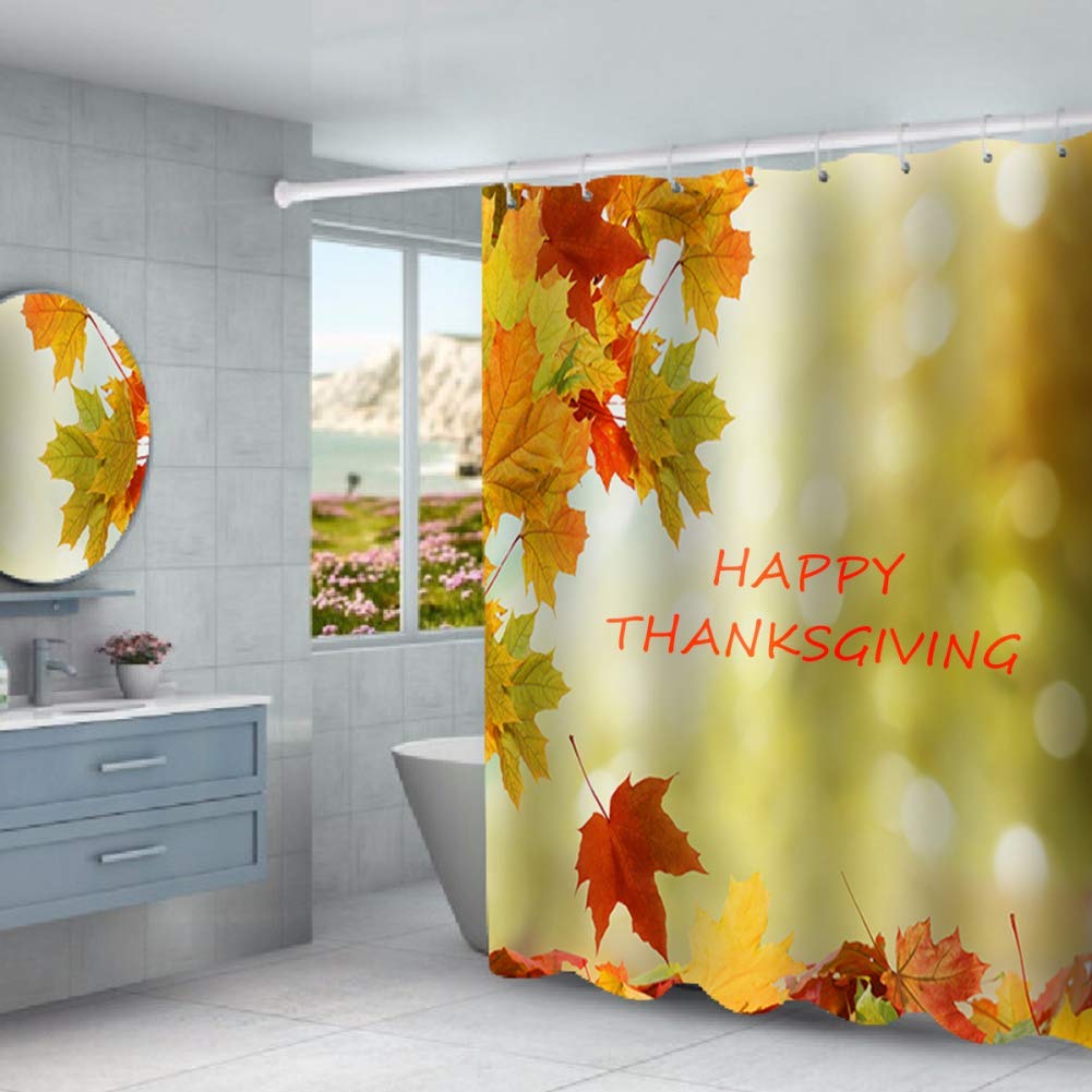 4-Piece Happy Thanksgiving Shower Curtain Set with Non-Slip Rug, Toilet Cover & Bath Mat | Maple Leaf Design with 12 Hooks | Christmas Bathroom Decor for Holiday Home Decor & Family Gatherings