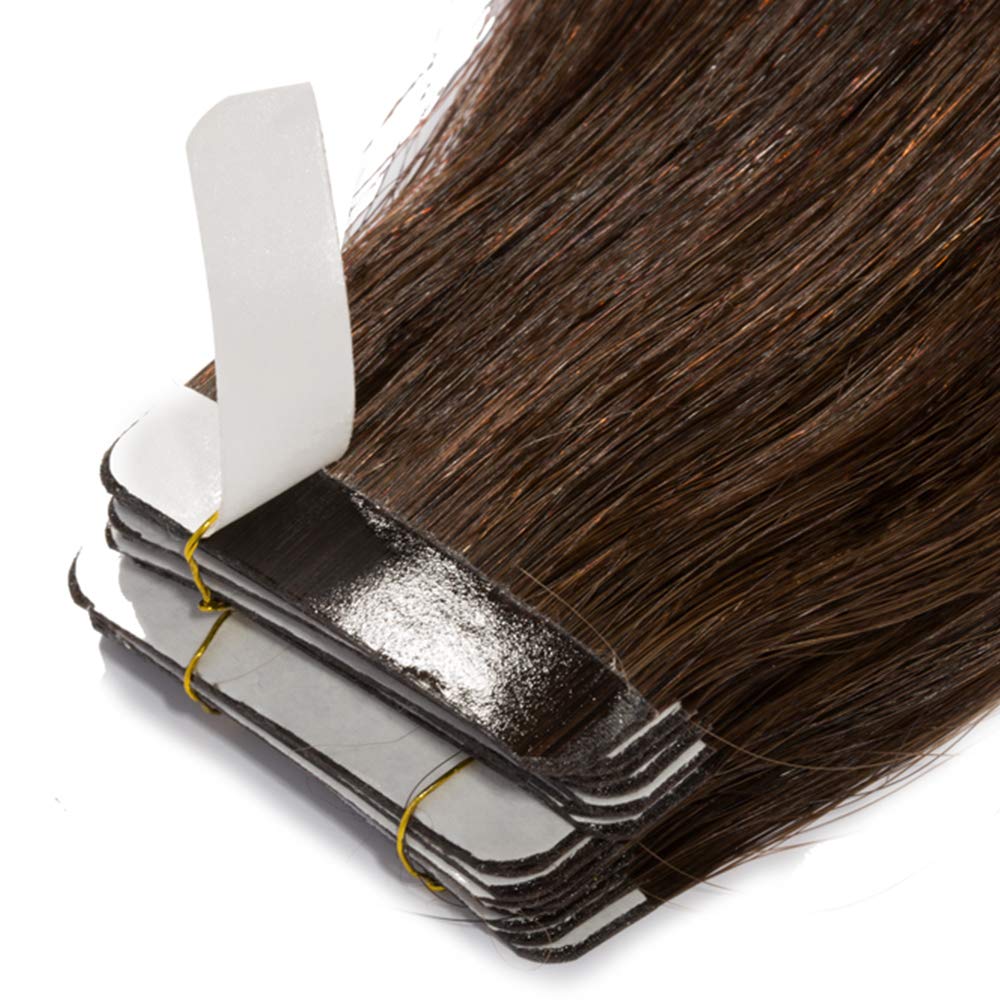24 Inch Tape in Hair Extensions - 100% Remy Human Hair - 40 PCS 100g Dark Brown (#02) - Seamless Skin Weft for Long Straight Hair - Perfect for Weddings, Parties & Daily Styling