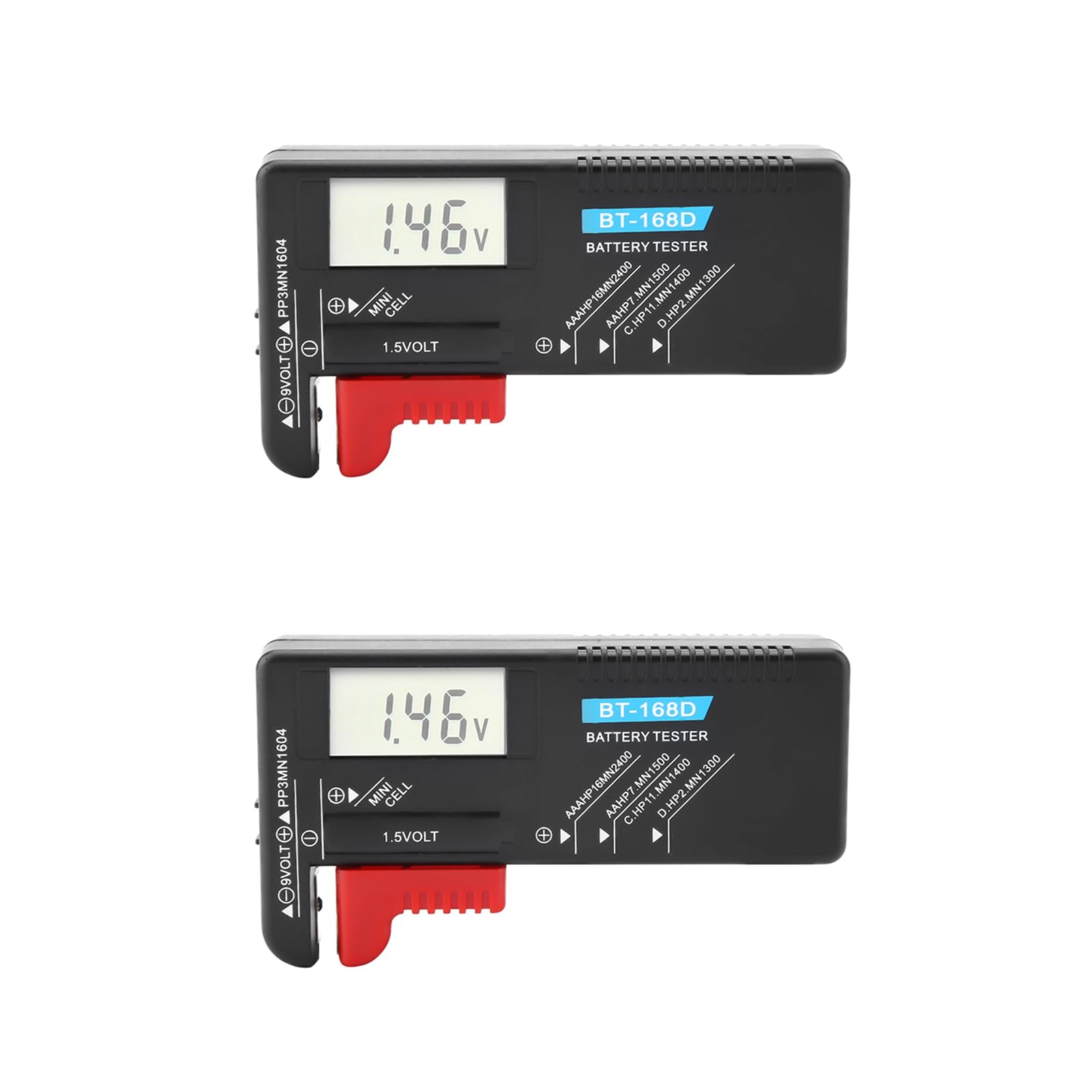 2Pcs Universal Digital Battery Tester BT-168D - AA AAA C D 9V 1.5V Button Cell Battery Voltage Checker & Detector for Home, Office, and Emergency Kits