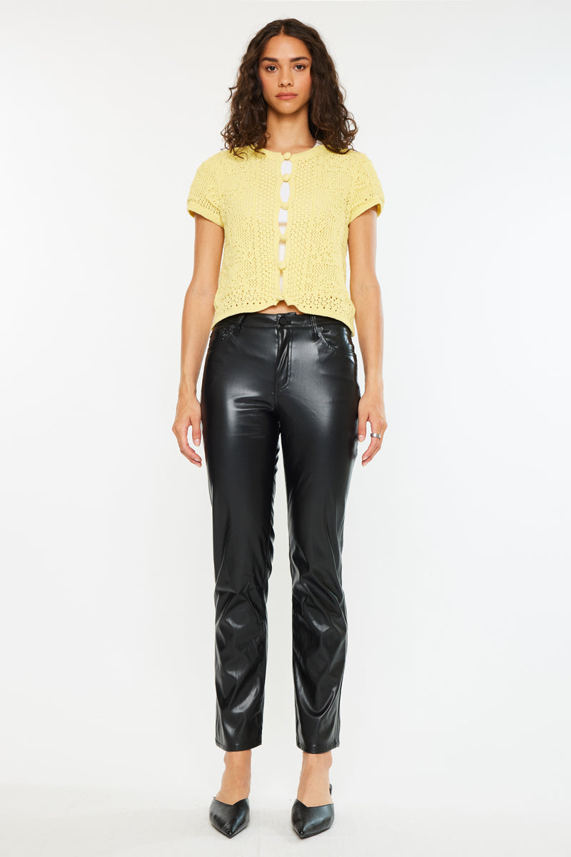 Rudi High Rise Faux Leather Slim Straight Leg Jeans for Women - Stretchy Comfort Fit Pants for Work, Casual & Night Out
