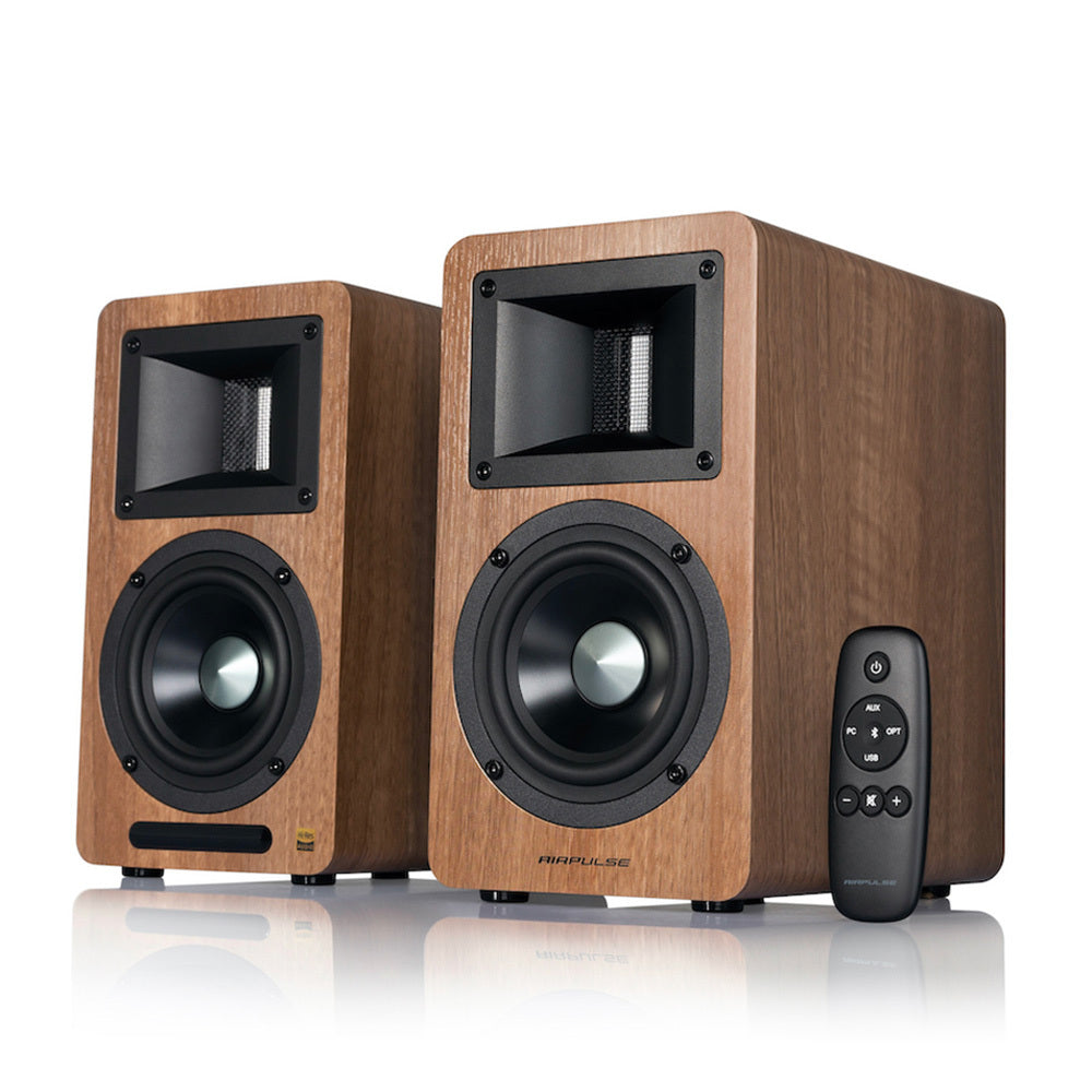 Airpulse A80 Active Bookshelf Speakers - Premium Walnut Wood Bluetooth Speaker System for Home Audio, Studio, and Office Use