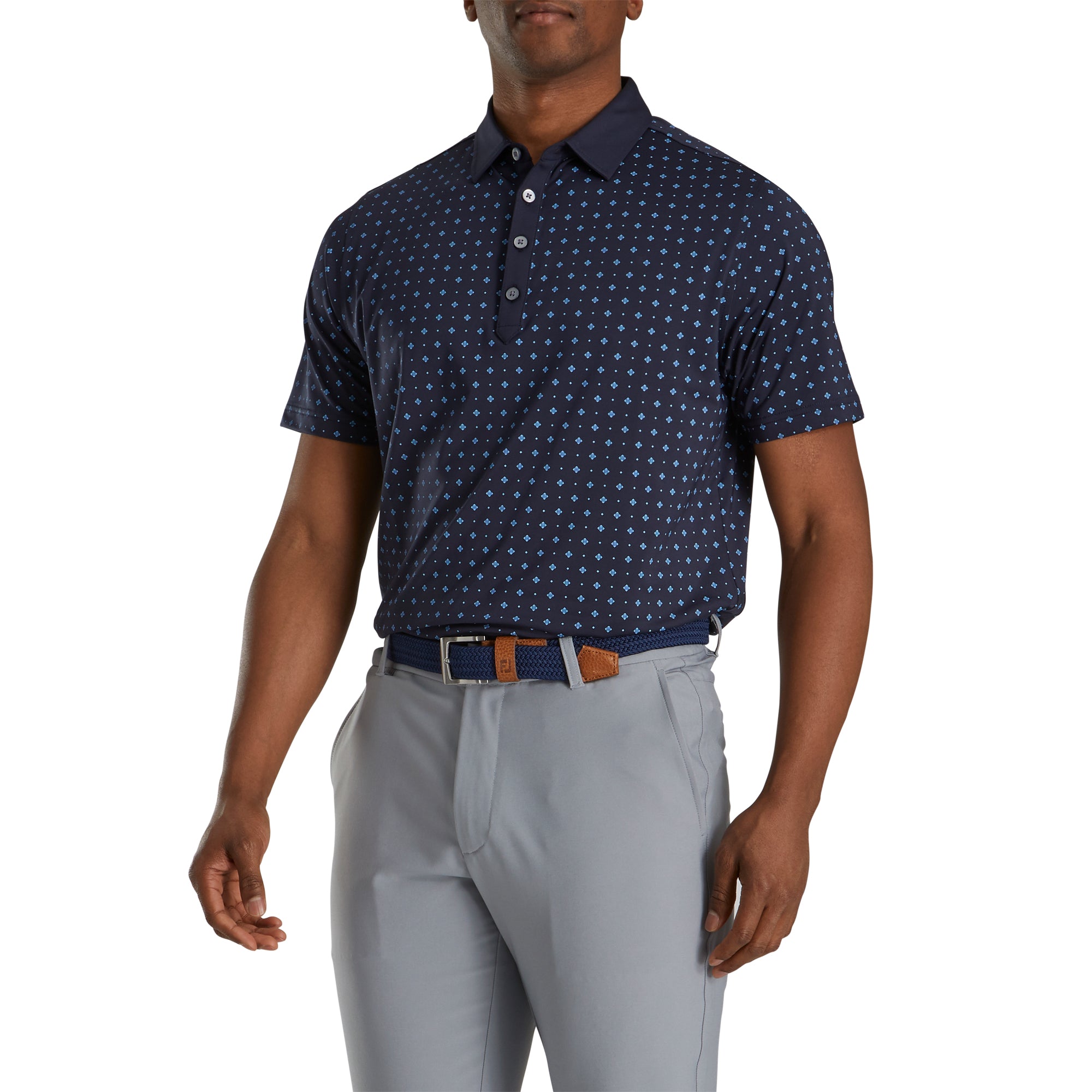 FootJoy Men's Athletic Fit Deco Print Navy Golf Polo Shirt - Breathable & Comfortable for Golf, Casual Wear & Outdoor Activities