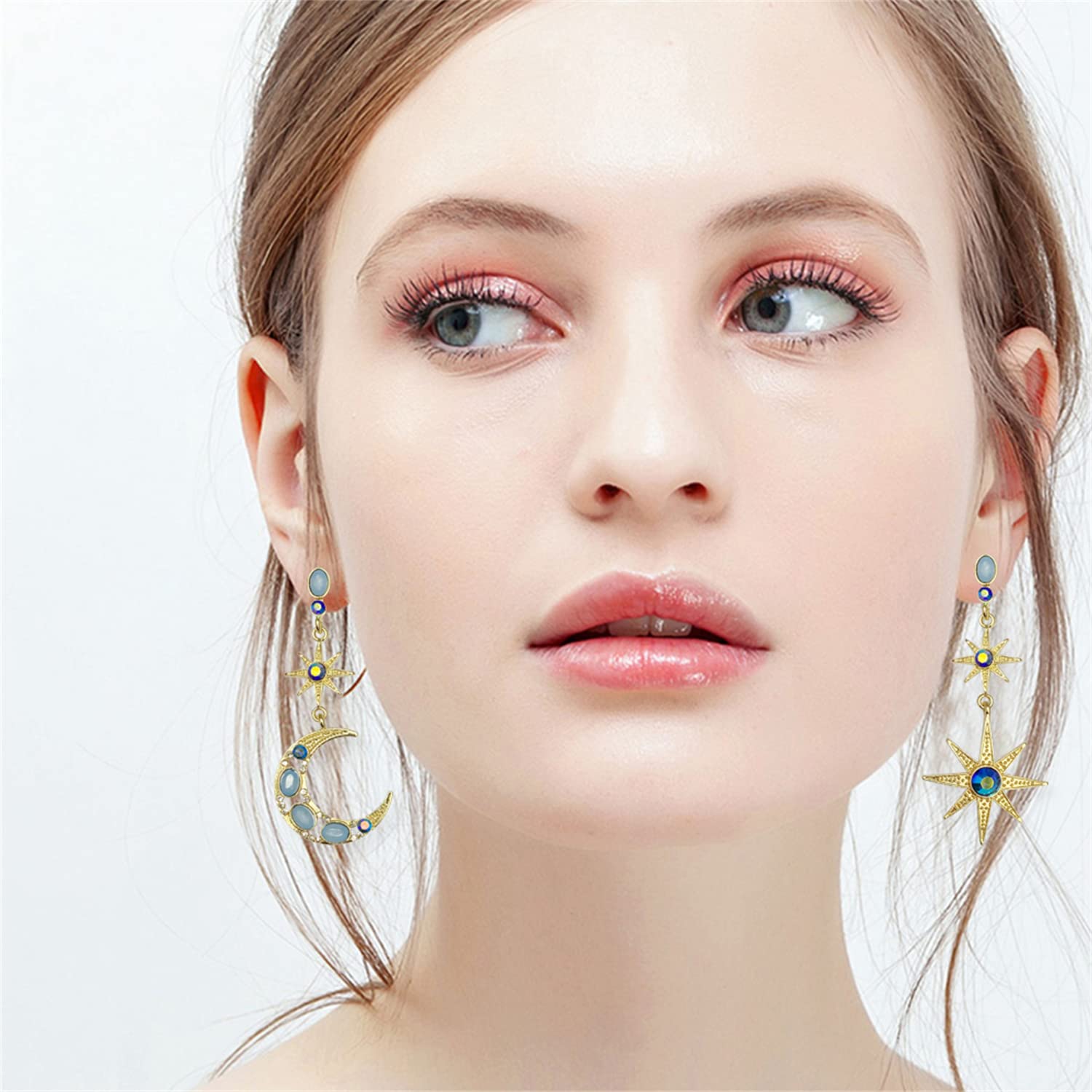 18K Gold Bohemian Crystal Moon Star Dangle Earrings for Women - Sparkly Blue Sun & Moon Drop Earrings - Perfect for Festivals, Parties & Boho Fashion Accessories