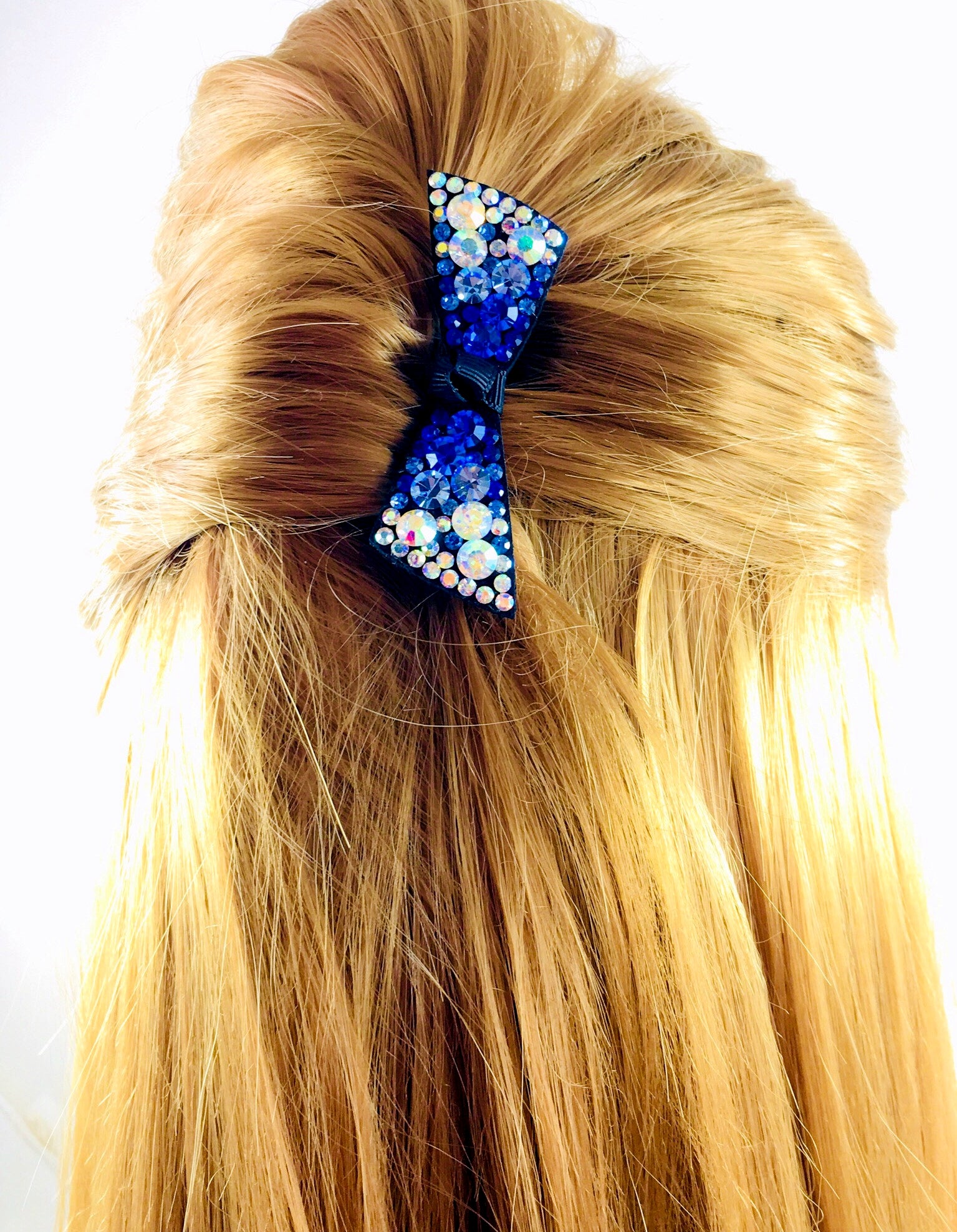 Elegant Swarovski Crystal Bow Knot Hair Clip - Acrylic Black Base with Royal Blue AB Finish | Perfect for Weddings, Prom, Parties & Special Occasions