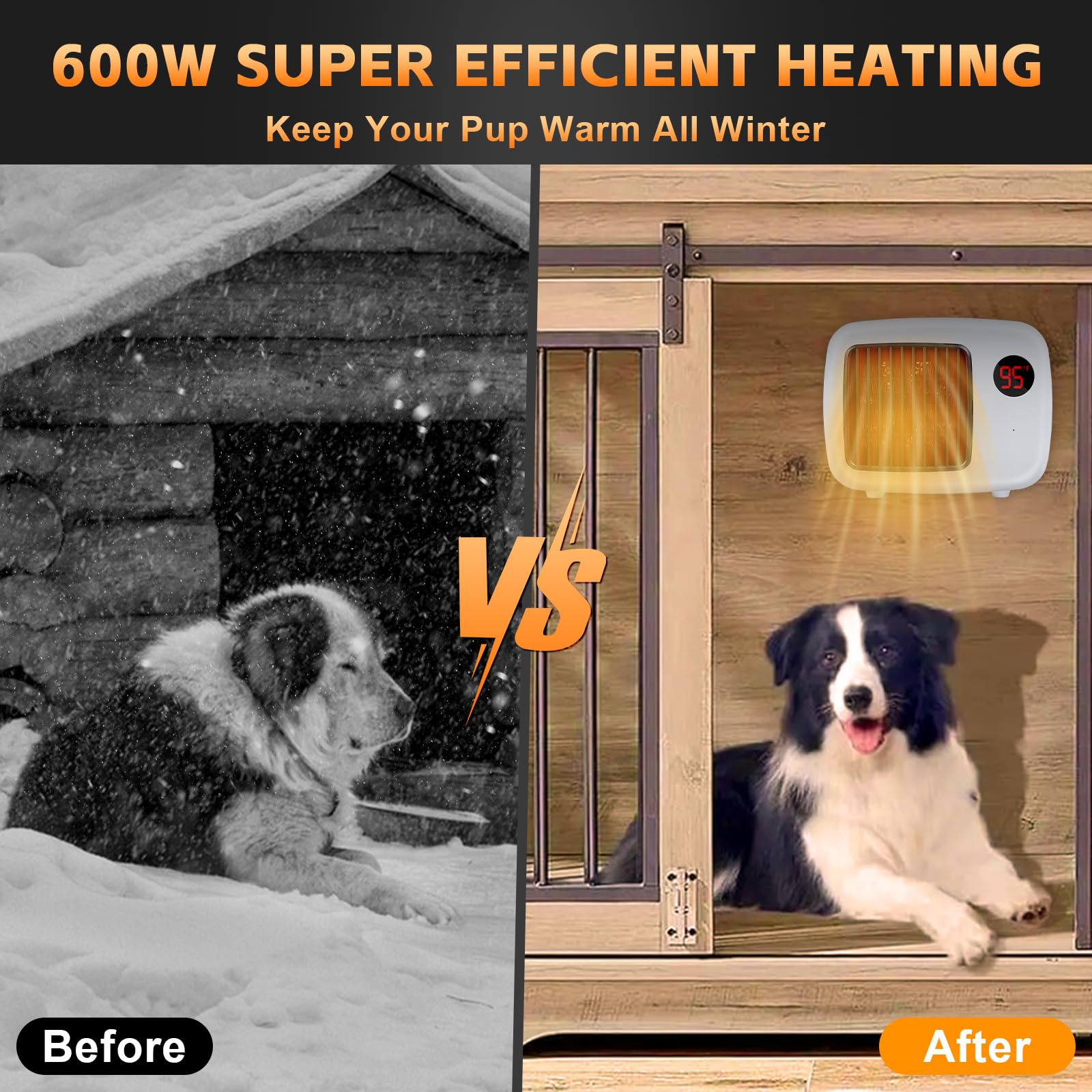 Dog House Heater with Thermostat - 300W/600W Wall-Mounted Pet Heater with Anti-Chew Cord & Overheat Protection - Ideal for Dog Kennels, Cat Cages, Chicken Coops & Outdoor Pet Houses - Keep Your Pets Warm in Winter