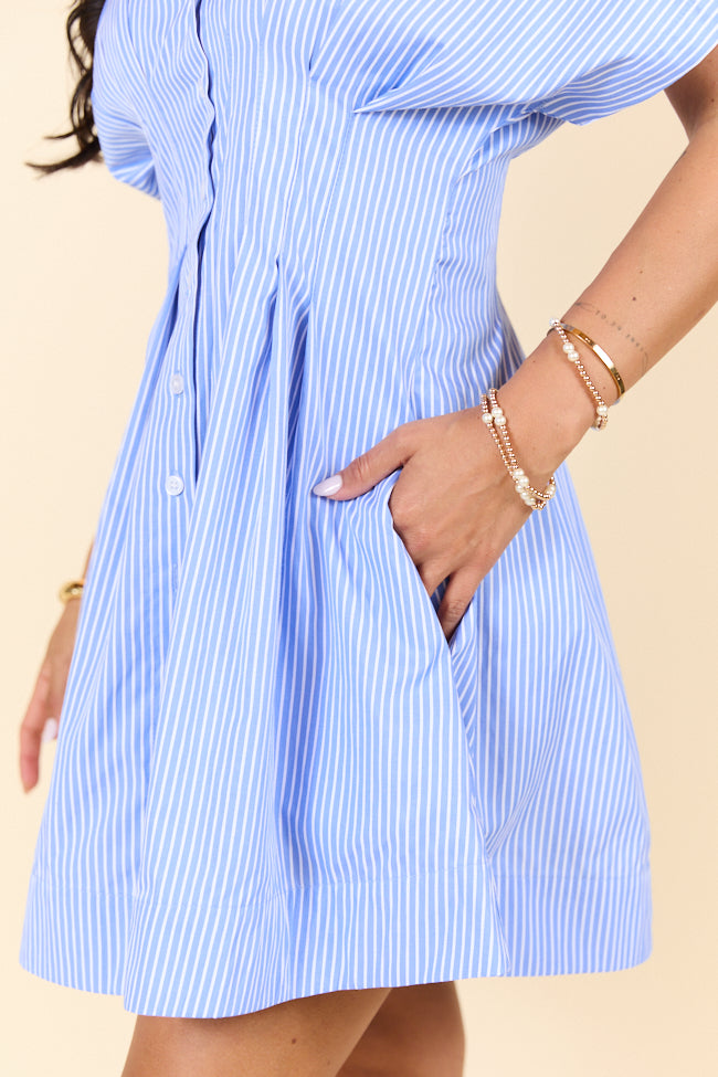Meet Me In Athens Blue Stripe Cinched Waist Mini Dress - Women's Summer Casual Party Dress for Beach Vacation & Date Night