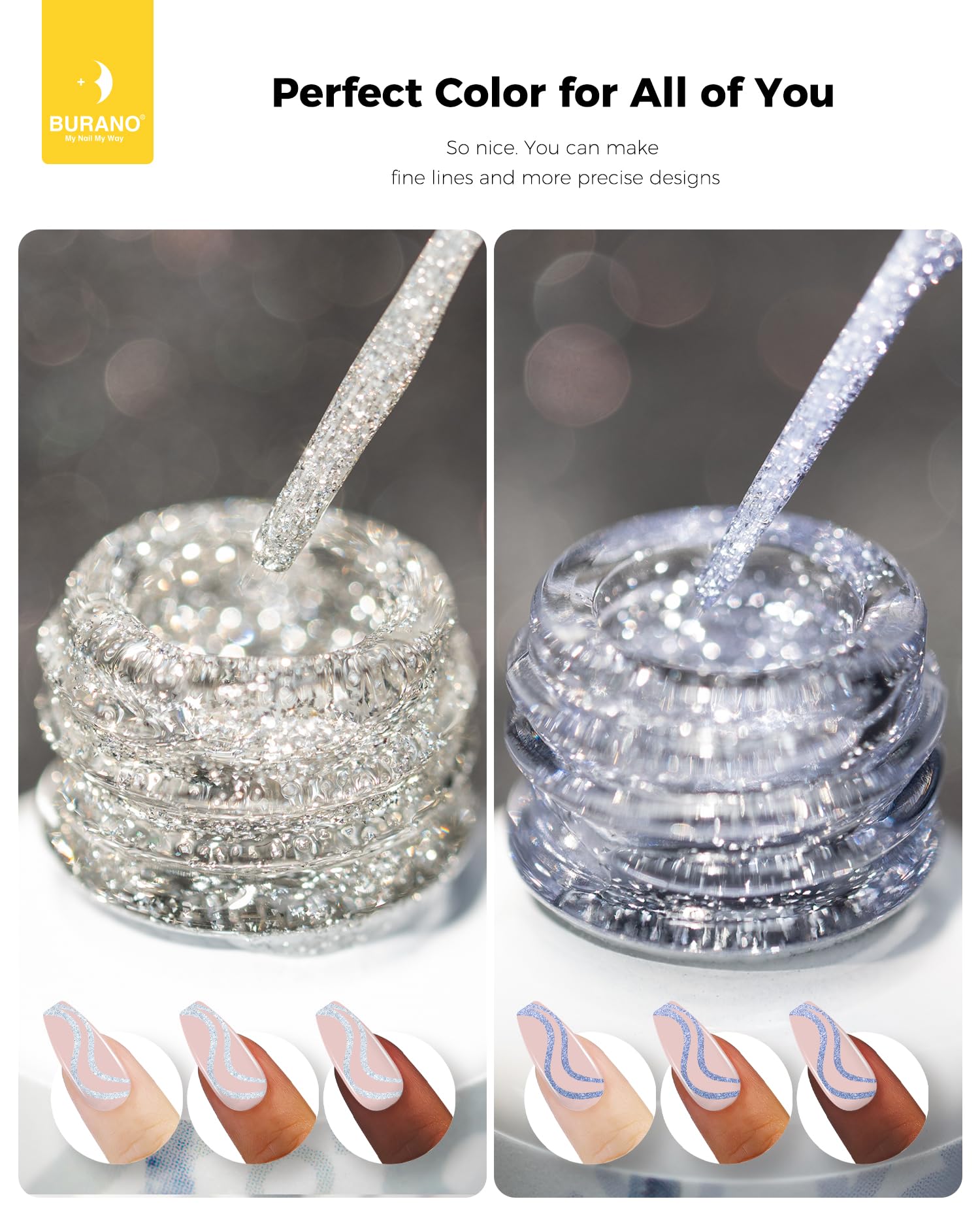 BURANO Silver & Gold Gel Nail Polish Set - 2 Bottles (8ml Each) with Thin Brush for Precise Nail Art Designs, UV/LED Curing Required - Perfect for Salon, Home Manicures & Special Occasions