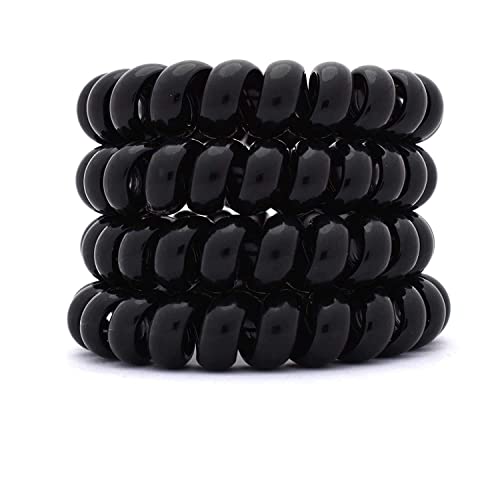 XEMIT Black Spiral Hair Ties for Women & Girls - 4 Pack Stretchy Wire Hair Rubber Bands, Ponytail Holders & Telephone Wire Hair Rings | Perfect for School, Workout, Office & Daily Hairstyling