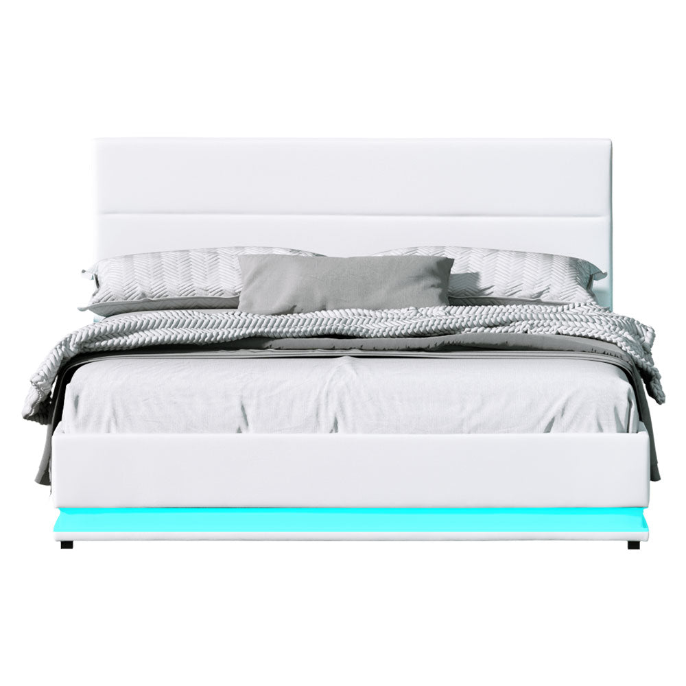 Henley Queen Gas Lift Storage Bed Frame with LED Lights – White | Modern Platform Bed with Underbed Storage & USB Ports | Perfect for Small Bedrooms & Guest Rooms