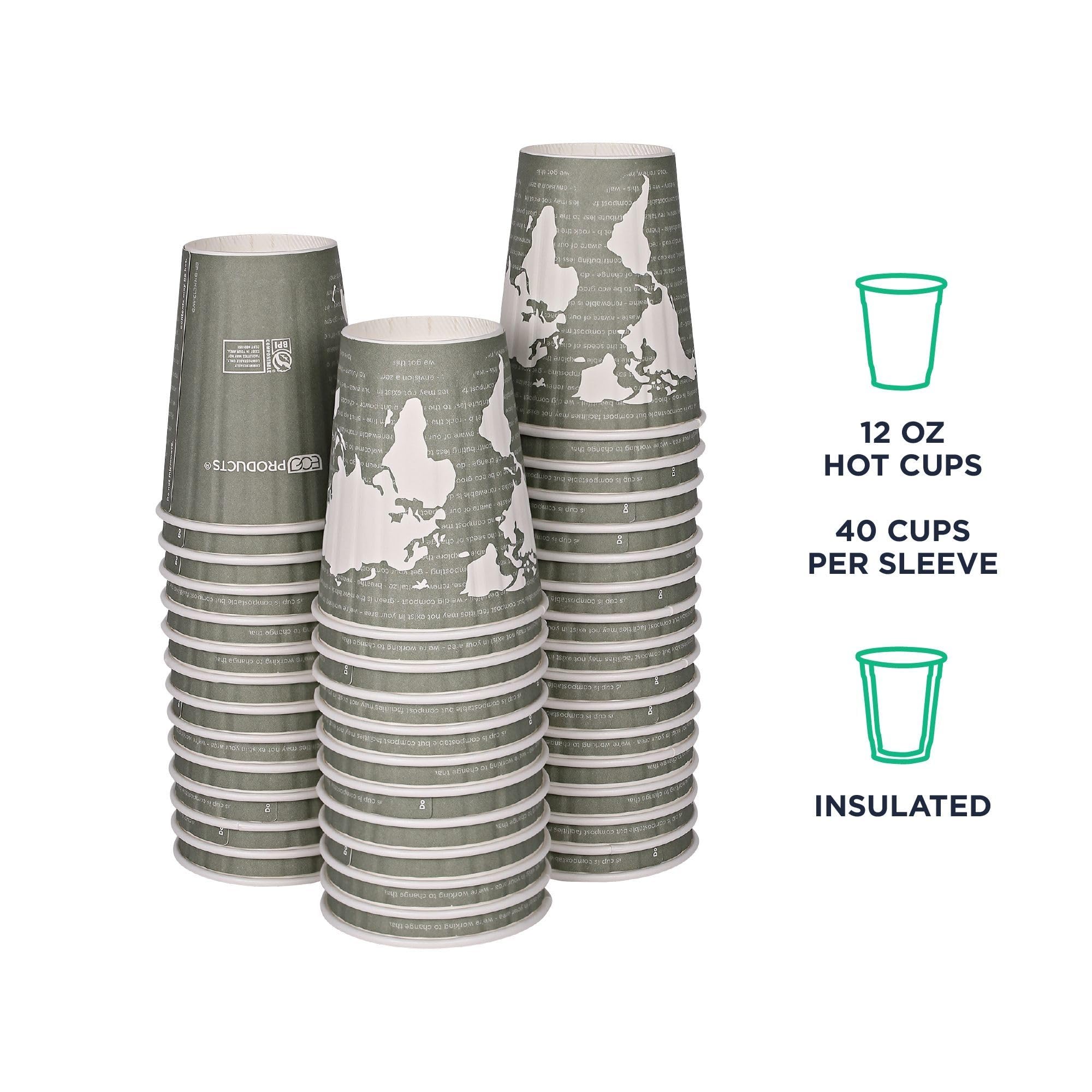 ECO PRODUCTS Compostable Disposable 12oz Coffee Cups - 600 Count Case, Double-Wall Insulated Hot Paper Cups with Plant-Based PLA Lining (No Sleeves Needed) | Biodegradable, Sustainable Coffee Cups for Offices, Cafés & Eco-Friendly Events