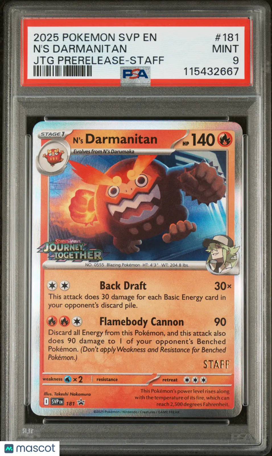 2025 Pokemon Scarlet Violet Black Star Promo N's Darmanitan #181 JTG Prerelease Staff PSA 9 Graded Card - Rare Collectible for Pokemon TCG Players & Investors | Perfect for Display, Trading, and Competitive Play
