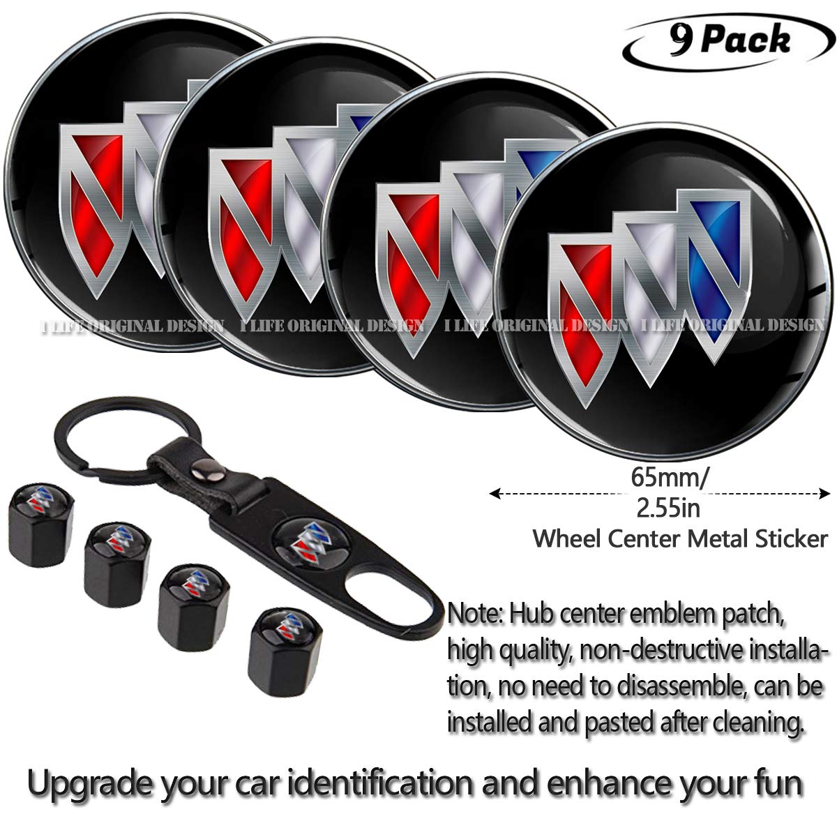 9-Piece Buick Emblem Badge Set - 65mm Wheel Hub Center Caps & Tire Valve Stem Covers with Free Keychain - Compatible with Buick Models - Perfect for Car Customization, Wheel Protection, and Brand Loyalty Display