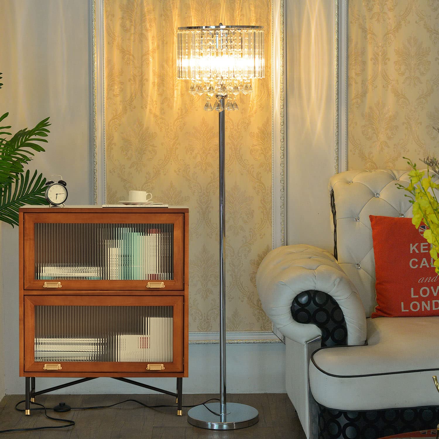 Modern Crystal Floor Lamp with On/Off Foot Switch - 3-Light Glass & Chrome Standing Lamp for Living Room, Bedroom, Office - Elegant Reading Corner Lighting for Home & Cafe Decor