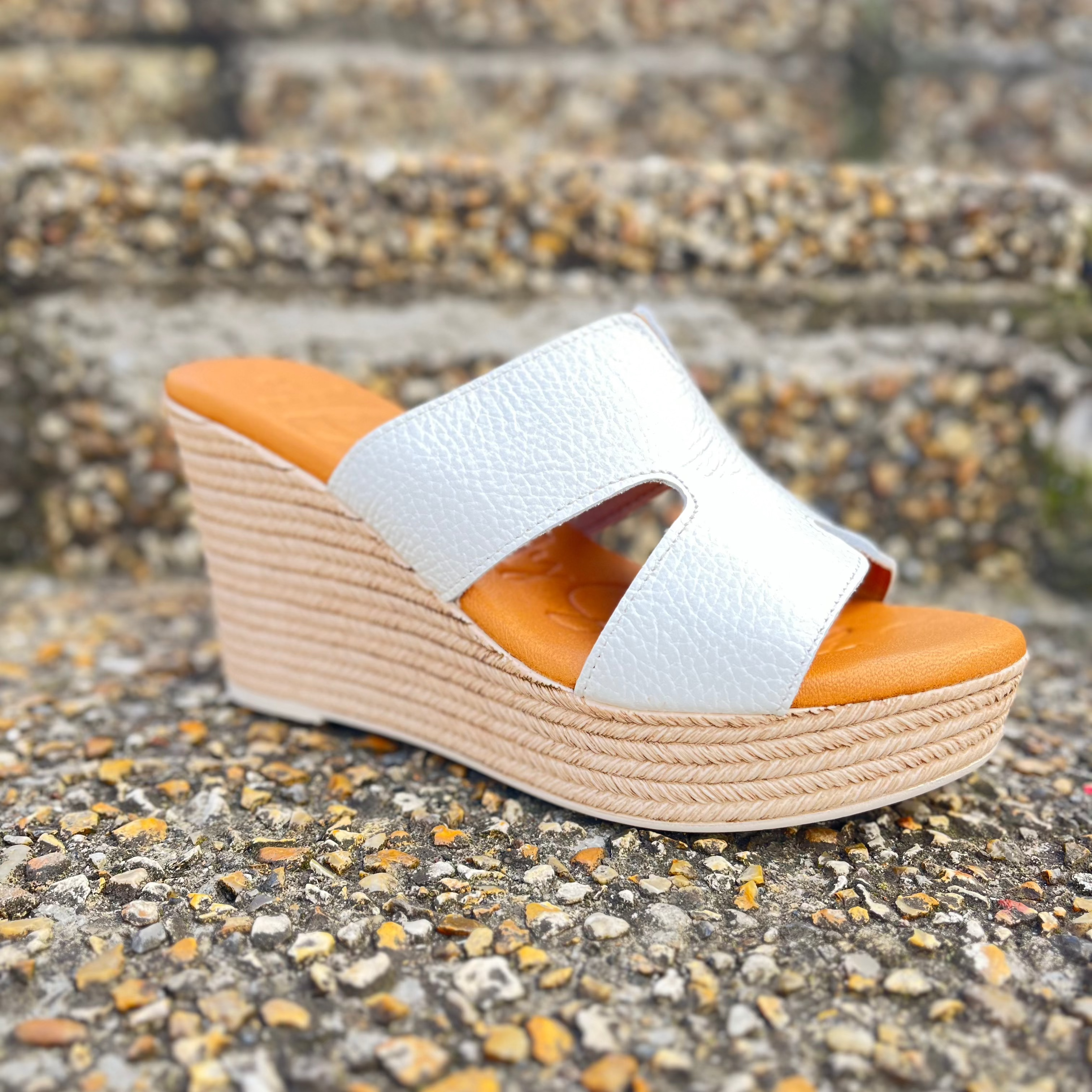 OH MY SANDALS Women's White Leather High Wedge Mule Slides - Comfortable Summer Sandals for Beach, Pool, and Casual Outings