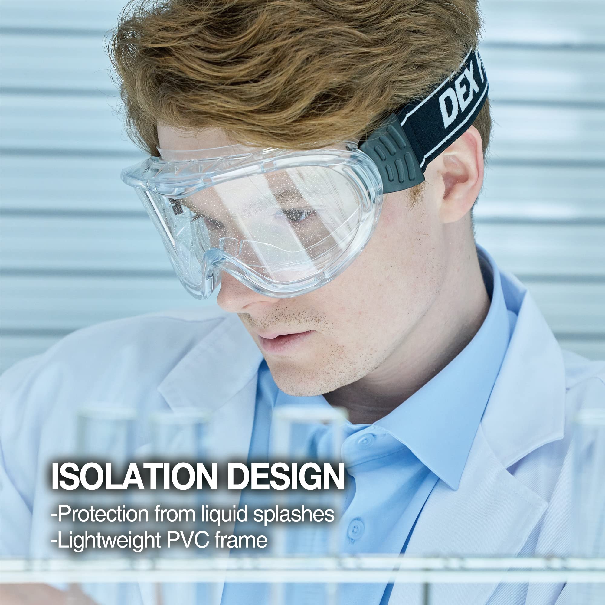 DEX FIT SG220A Safety Goggles - OTG Over Glasses Fit, Anti Fog & Scratch Resistant, ANSI Z87.1 Certified Eye Protection for Lab, Science, Chemistry Work, Woodworking & DIY Projects - Adjustable Unisex Design for Men & Women - Perfect for Classroom, Workshop & Industrial Use