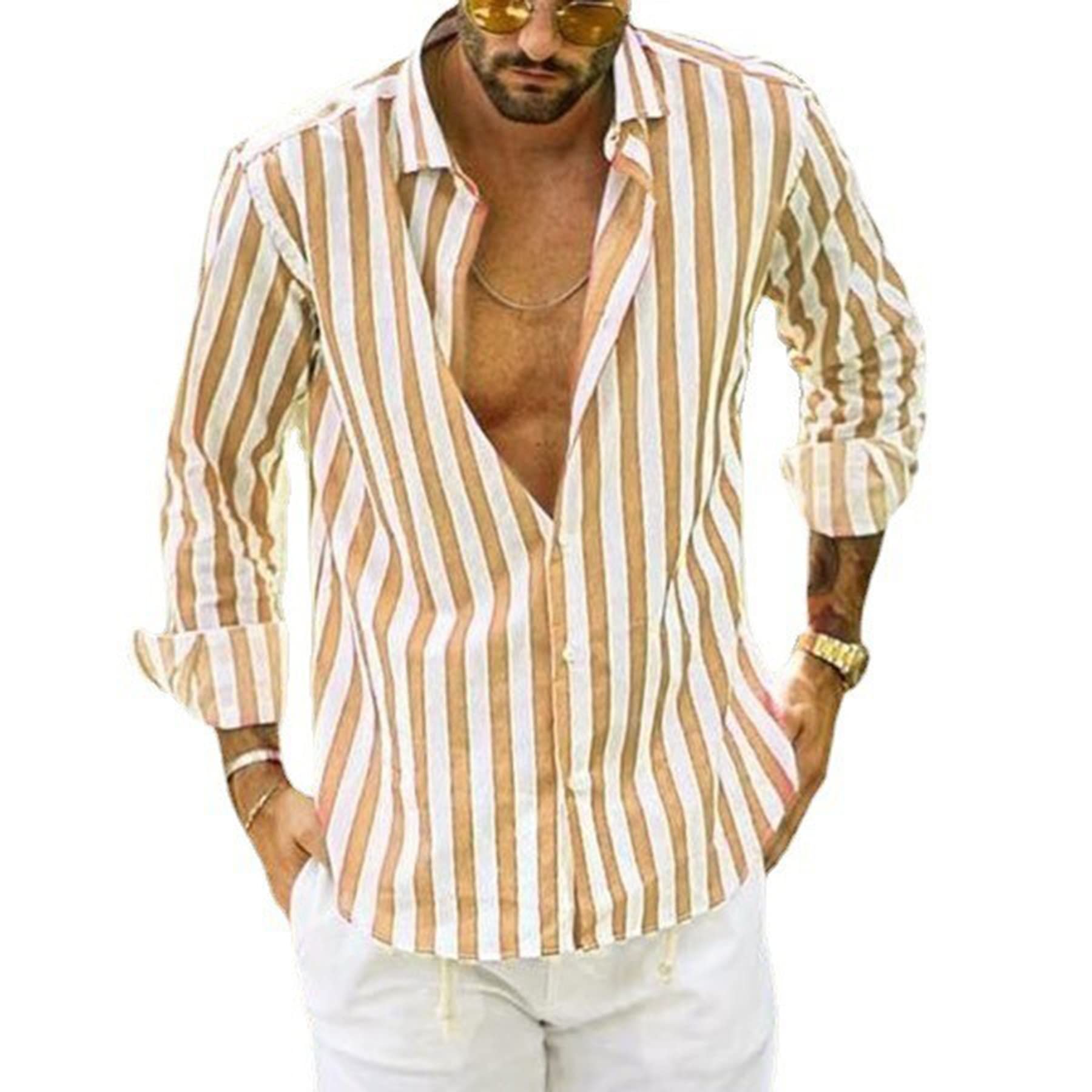 Men's Striped Cotton Button Down Shirt - Long Sleeve Casual Henley Dress Shirt for Beach, Office & Everyday Wear | Breathable & Comfortable Fashion Top