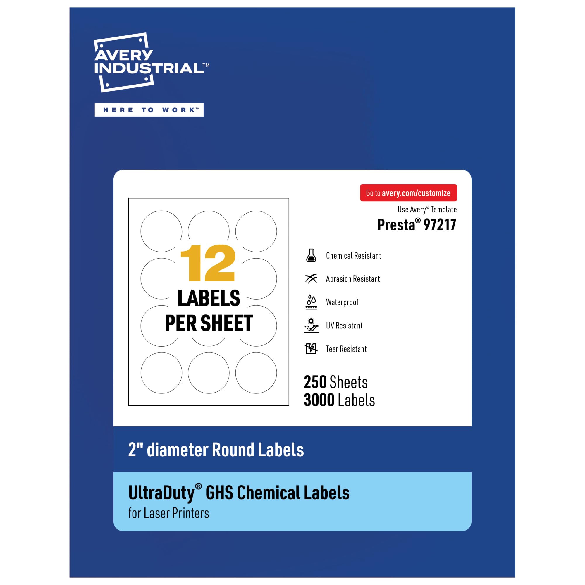 Avery UltraDuty GHS Labels - 2 Inch Round Waterproof Labels (Pack of 3000) for Laser Printers | Chemical Safety, Hazard Warning & Industrial Use
