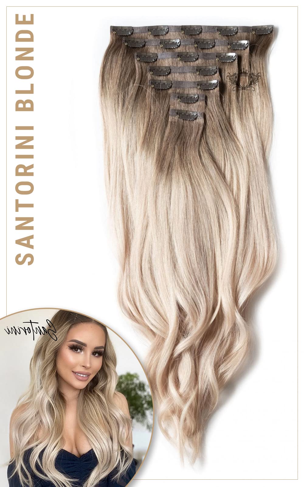 Santorini Blonde - 20 Inch Premium Clip-In Human Hair Extensions (200g) | Seamless & Natural Look | Perfect for Volume, Length & Styling | Great for Parties, Weddings & Everyday Wear