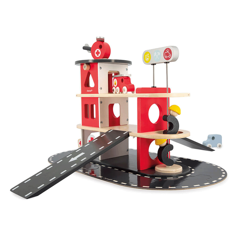 Janod Bolid Fire Station Toy - Wooden Fire Truck Playset for Kids, Pretend Play & Imaginative Learning - Perfect for Preschoolers & Toddlers (Indoor Play, Birthday Gifts, Daycare Activities)