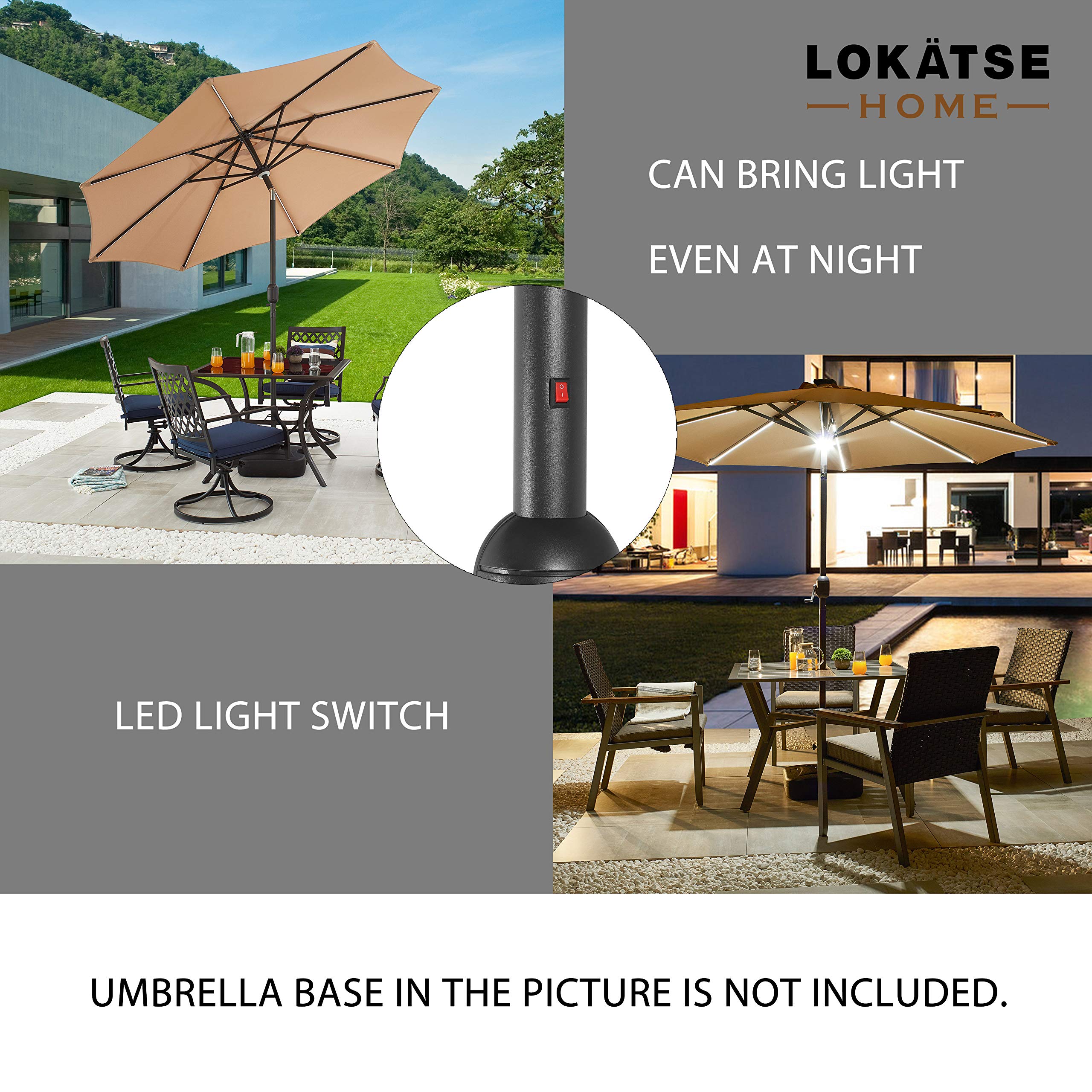 LOKATSE HOME 8.8FT Solar Powered Outdoor Patio Umbrella with 8 LED Lights - Aluminum Ribs, Central Hug Light, Crank & Tilt Mechanism for Garden, Deck, Poolside & Outdoor Dining Areas | Perfect for Backyard, Patio Furniture and Summer Relaxation