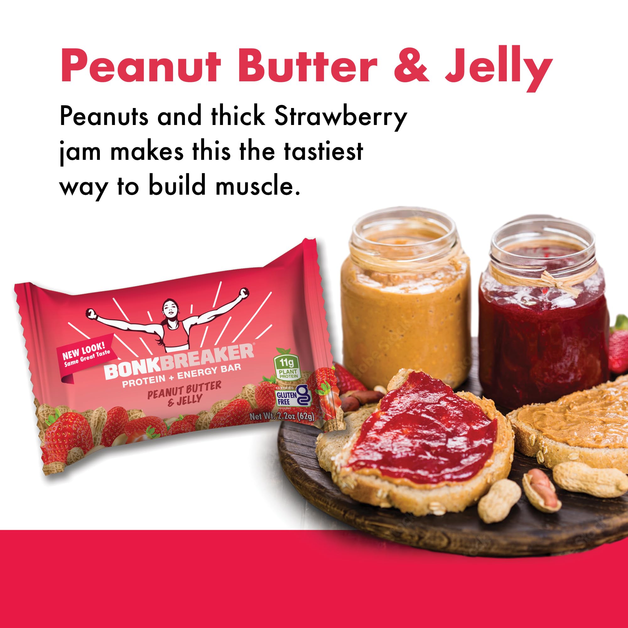 Bonk Breaker Plant Based Protein Bars - Gluten Free, Dairy Free, 13g Protein, Peanut Butter & Jelly Flavor, 62g Bar (12 Pack) - Perfect for Post-Workout Recovery, Hiking Snacks & Healthy On-the-Go Nutrition