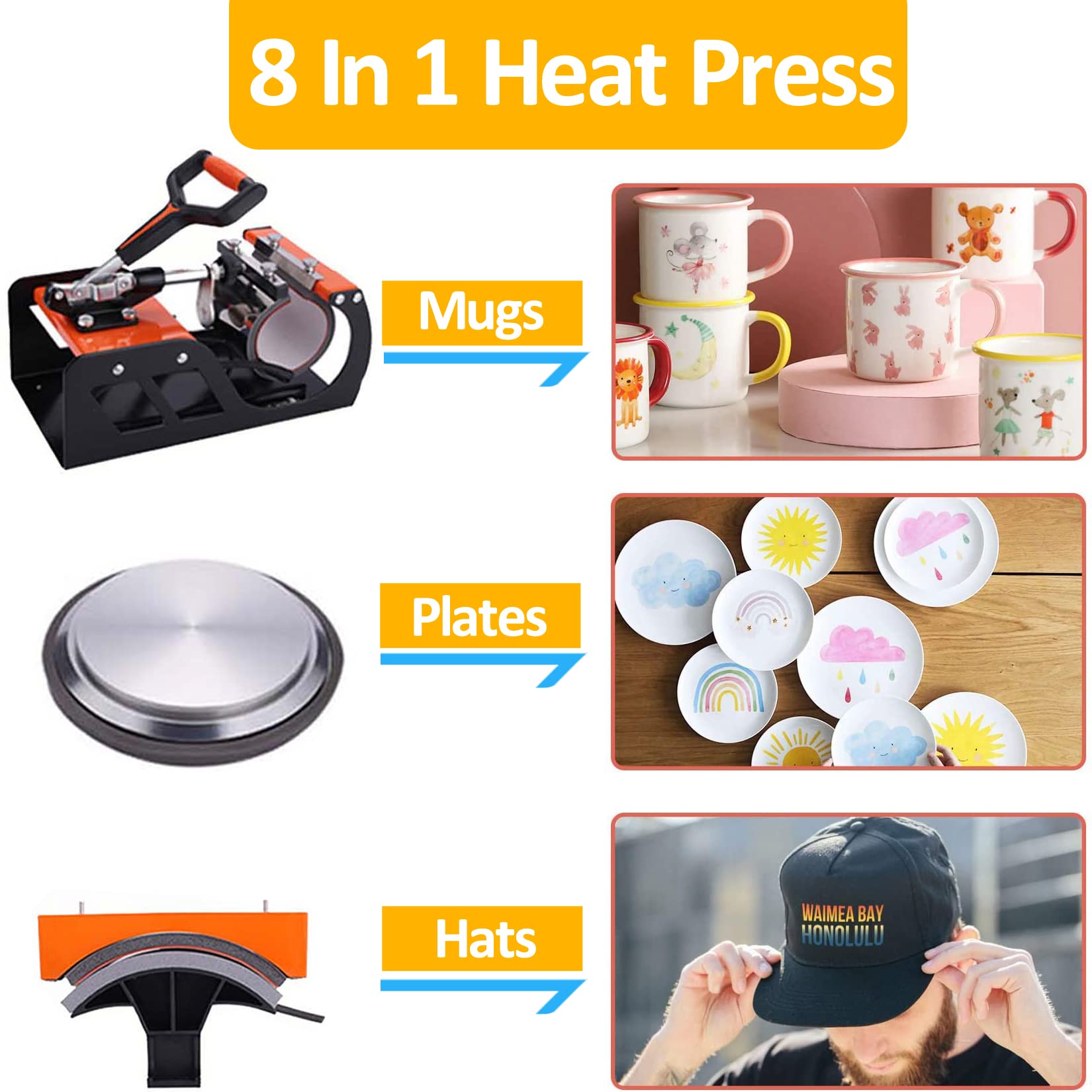 WOOKRAYS 8-in-1 Digital Heat Press Machine Combo | 12x15 Inch Multifunctional Sublimation Transfer Press | Swing Away T-Shirt, Hat, Mug & Plate Printing Machine | Perfect for DIY Crafts, Custom Apparel & Small Business Use