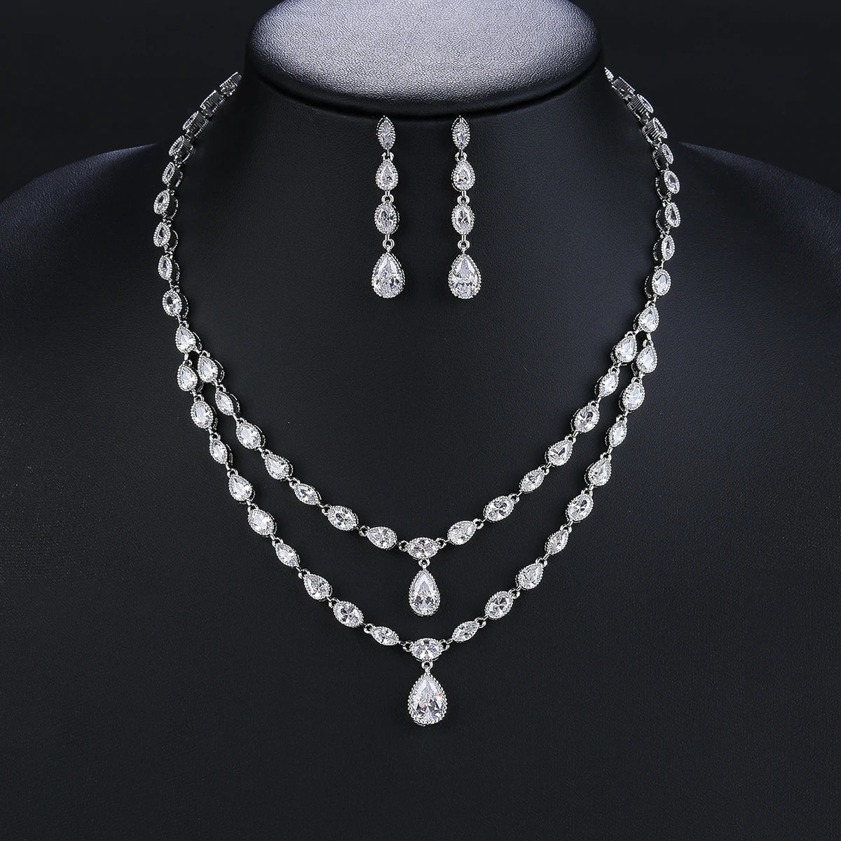 2-Layer AAA Cubic Zirconia Necklace & Earrings Set for Women - Elegant White Wedding Jewelry Gift Set - Perfect for Bridal, Anniversary and Special Occasions