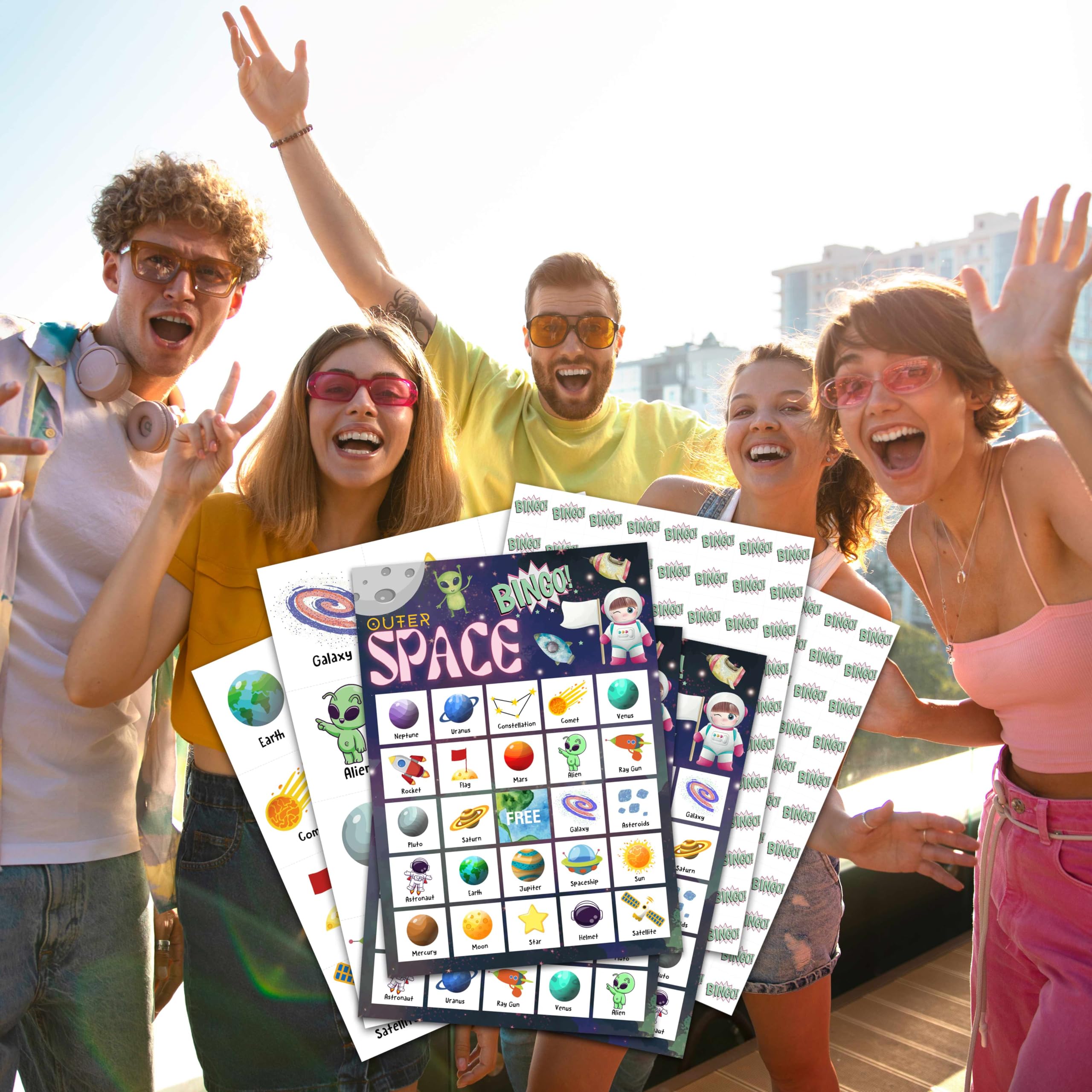 Outer Space Bingo Card Game Set for 24 Players - Fun Family Party Game for Adults & Kids, Perfect for Space Themed Birthday Parties, Classroom Activities & Group Events - Includes Bingo Cards, Markers & Space Decorations