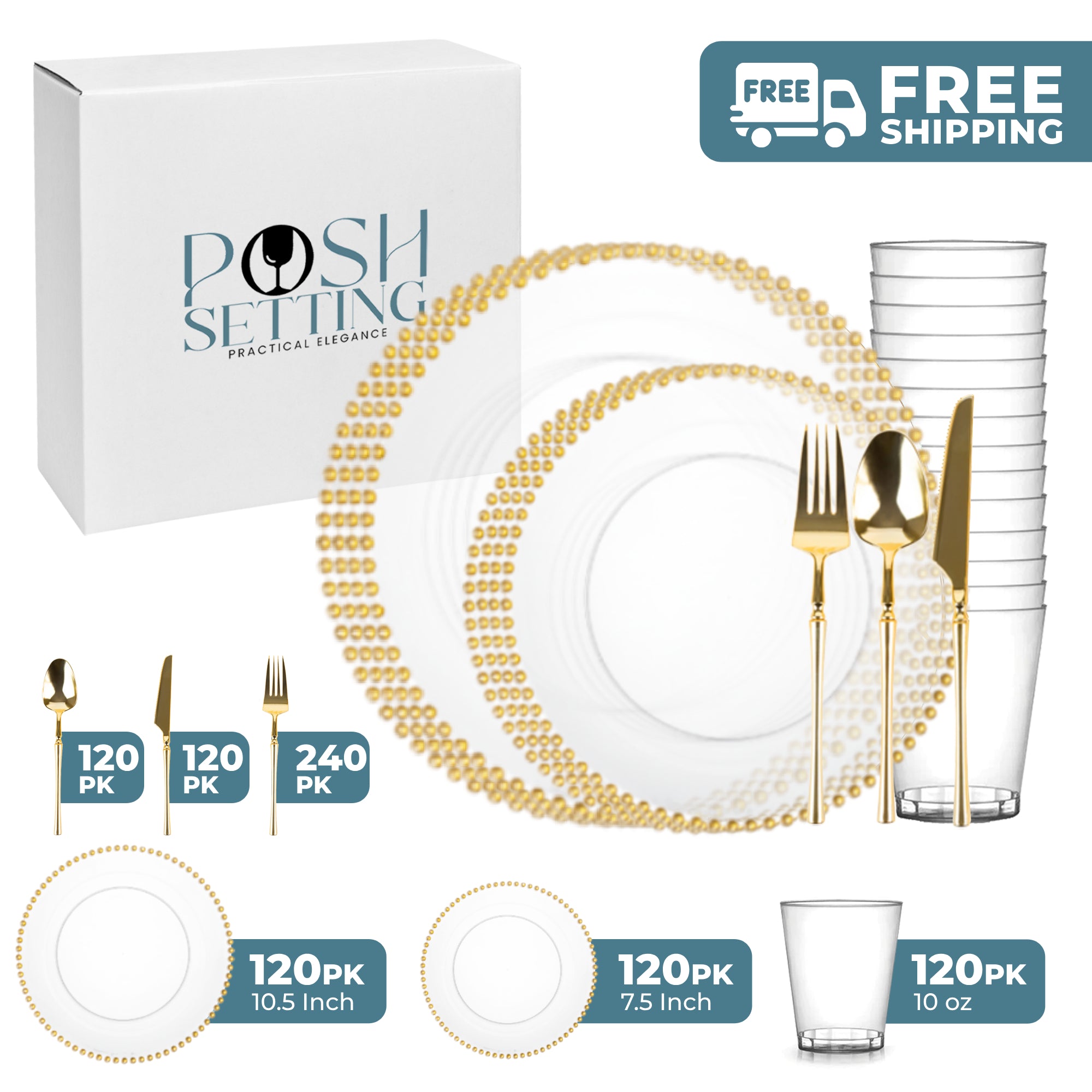 Clear and Gold Plastic Party Bundle with Beaded Decorations - Perfect for Birthday Celebrations, Weddings, and Special Events