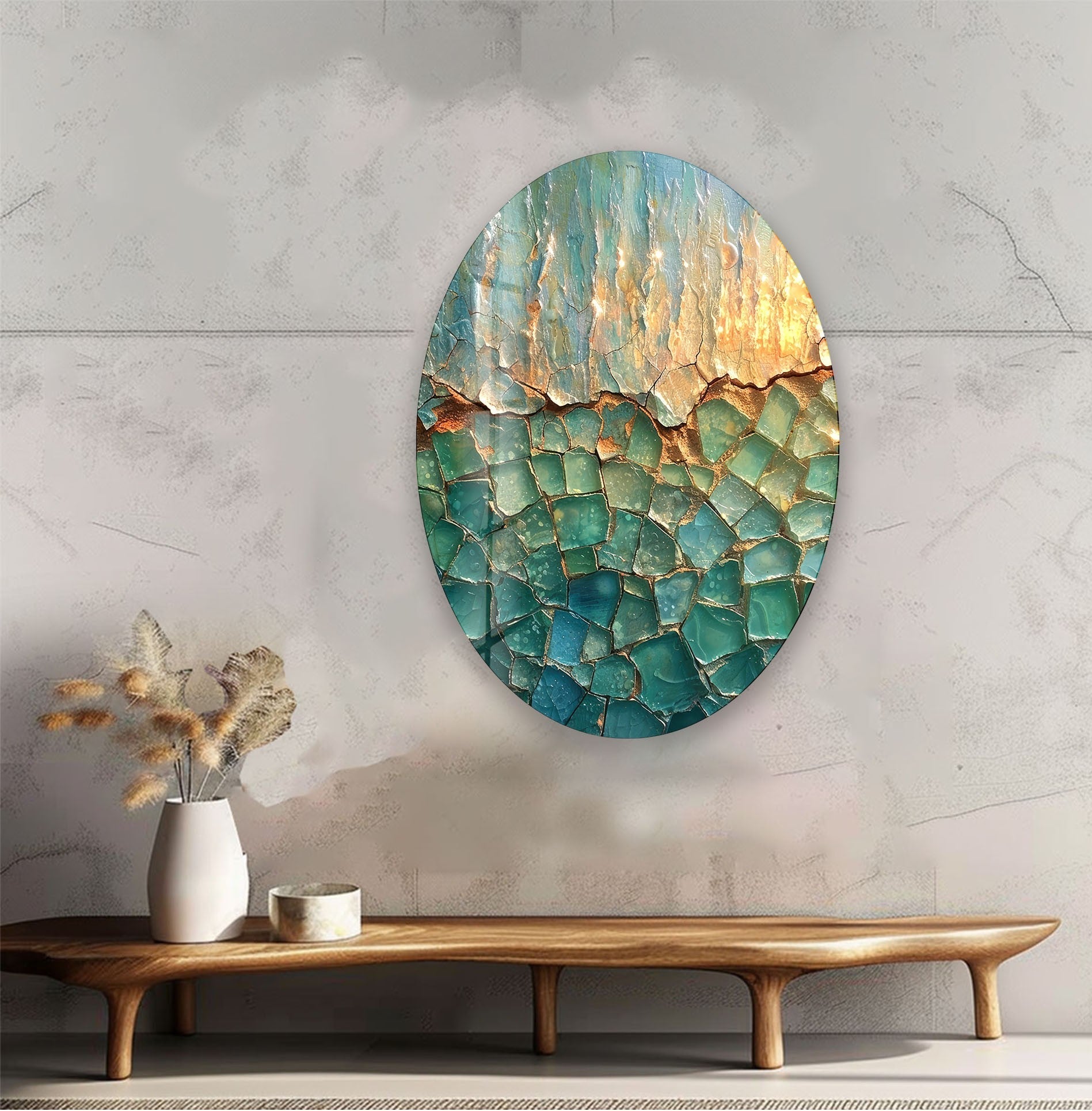 Abstract Cracked Glass Wall Art - Modern Asymmetric Oval Design for Living Room, Bedroom & Office Decor