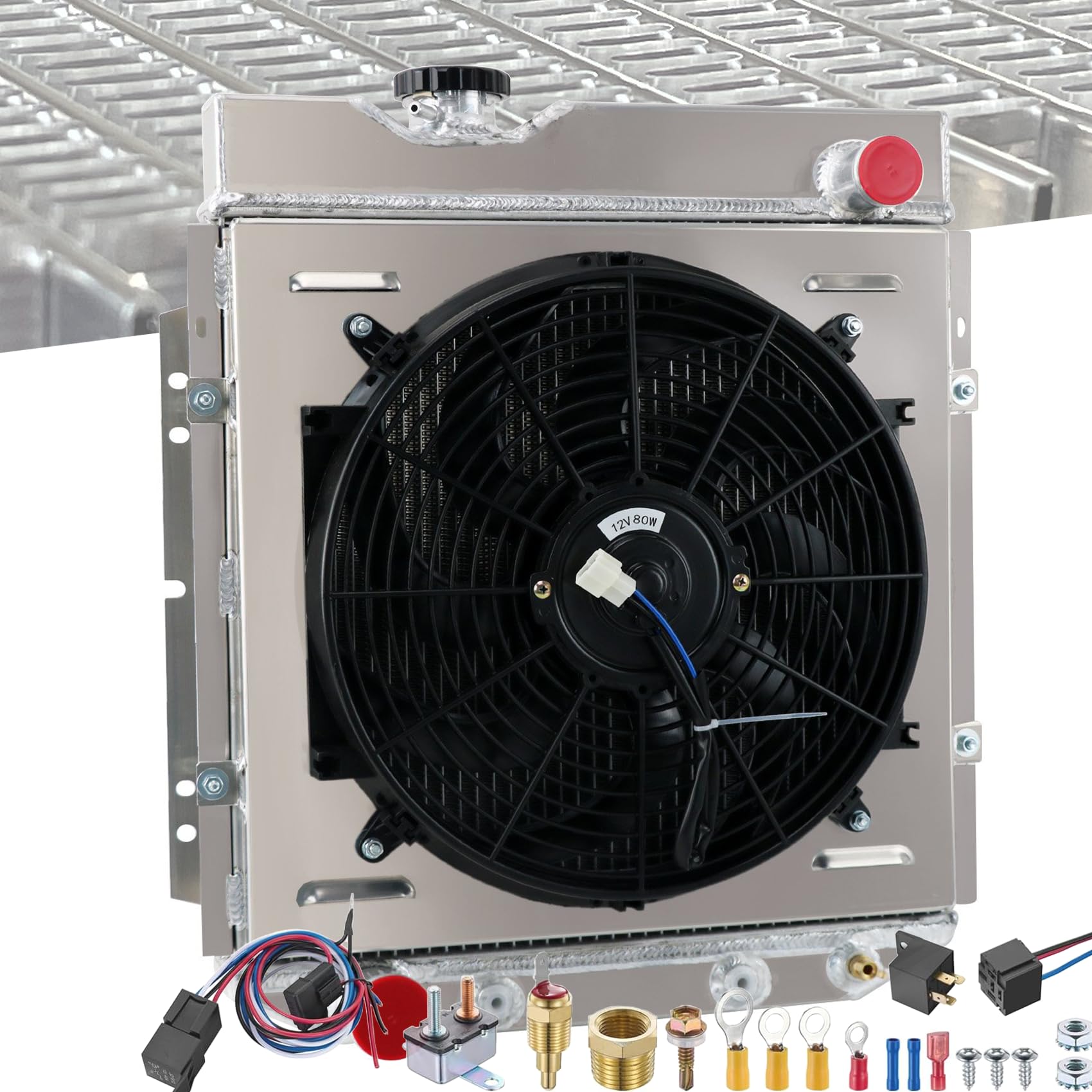 1965-1966 Mustang Aluminum Radiator Kit - 3 Row Full Aluminum Radiator with Fan Shroud & Thermostat Relay | Fits 1960-1966 Ford Mustang, Falcon, Ranchero & 1961-1965 Mercury Comet | Perfect for Classic Car Restoration & Hot Rod Upgrades