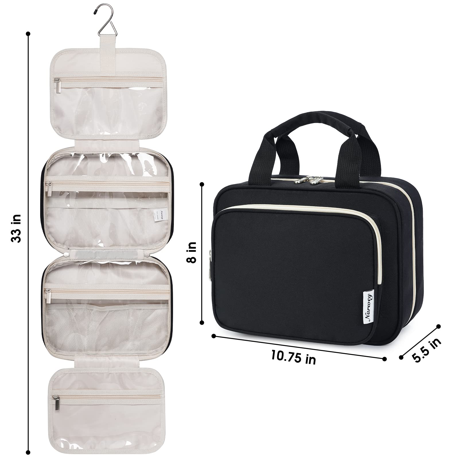 Narwey Hanging Toiletry Bag for Women - Travel Makeup Organizer with Multiple Pockets, Water-Resistant Cosmetic Bag for Toiletries & Essentials (Medium, Black) - Perfect for Airplane Travel, Camping & Gym Use