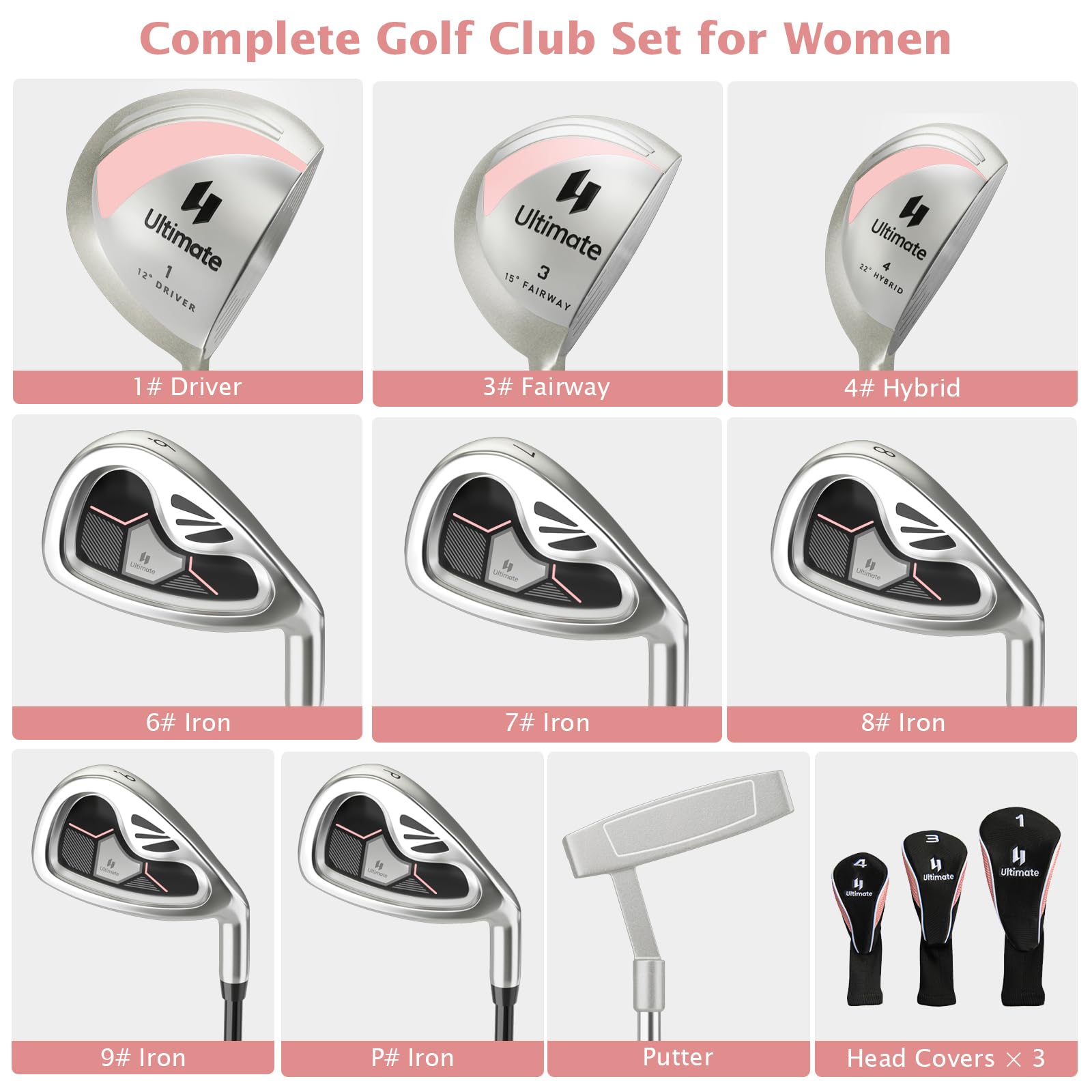 Goplus 9-Piece Complete Golf Club Set for Women - Right Handed Ladies Clubs with #1 Driver, #3 Fairway, #4 Hybrid, 6-9 & P Irons, Putter & Headcovers - Perfect for Beginners & Intermediate Golfers on the Course or Driving Range