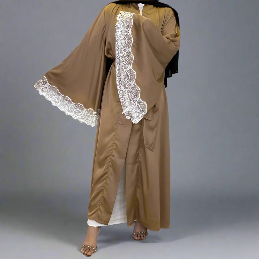 Elegant Muslim Abaya Dress - Embroidered Satin Open Front Long Dress for Women | Perfect for Prayer, Mosque, Eid & Special Occasions