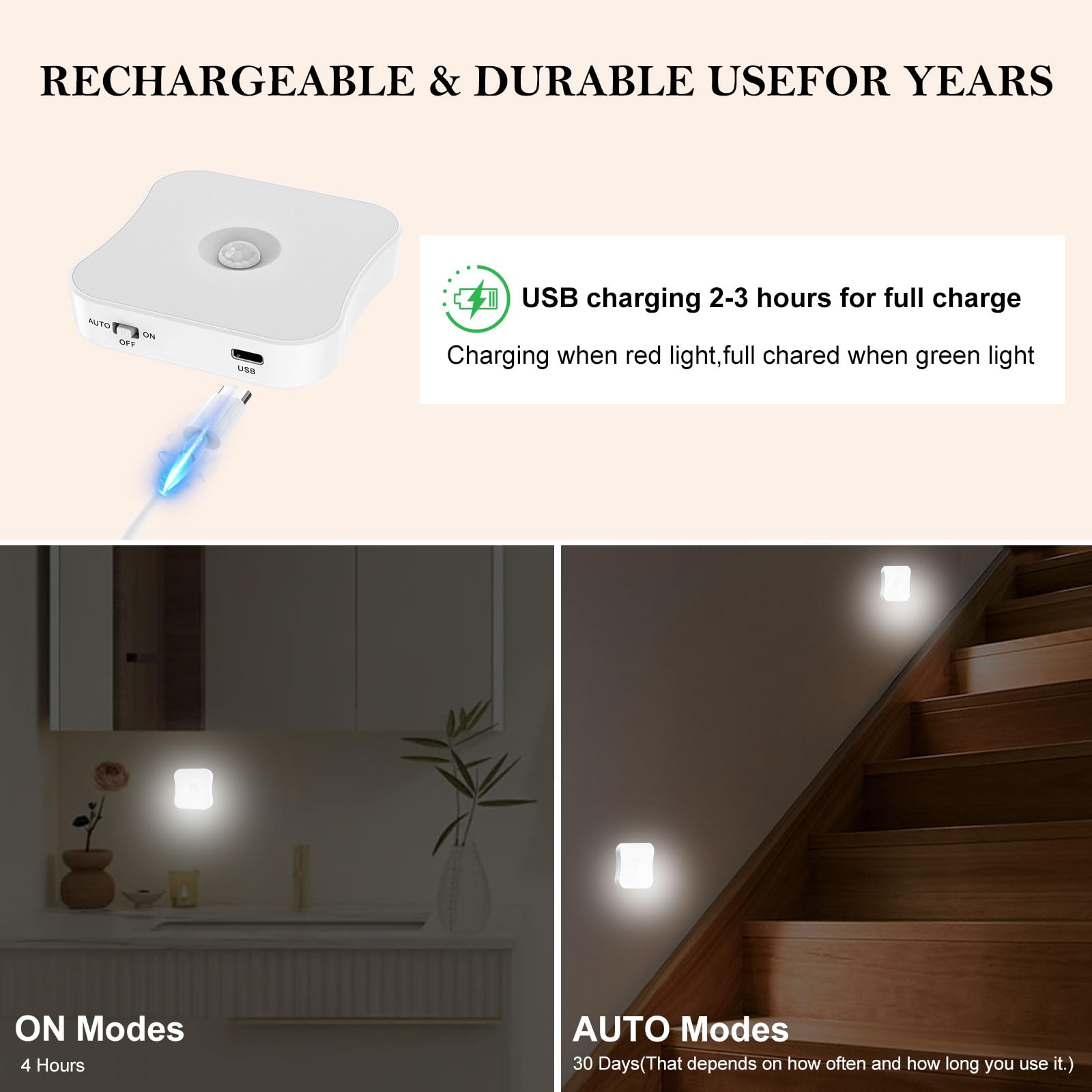 Best Rechargeable Motion Sensor Lights Indoor - Wireless Stick-On Night Lights for Stairs, Hallway, Closet, Steps, Under Cabinet, Bathroom & Bedroom - 4 Pack - Perfect for Home Safety & Convenience