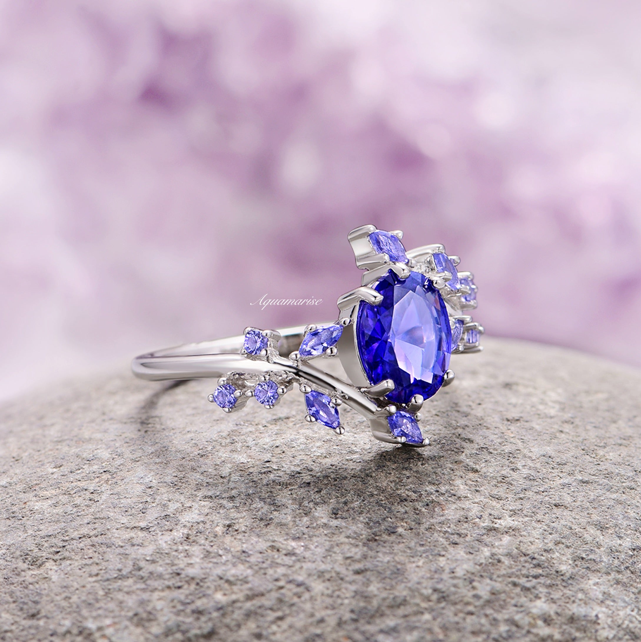 14K White Gold Cornflower Sapphire Leaf Ring - Elegant Nature-Inspired Jewelry for Women, Perfect for Weddings, Anniversaries & Everyday Wear