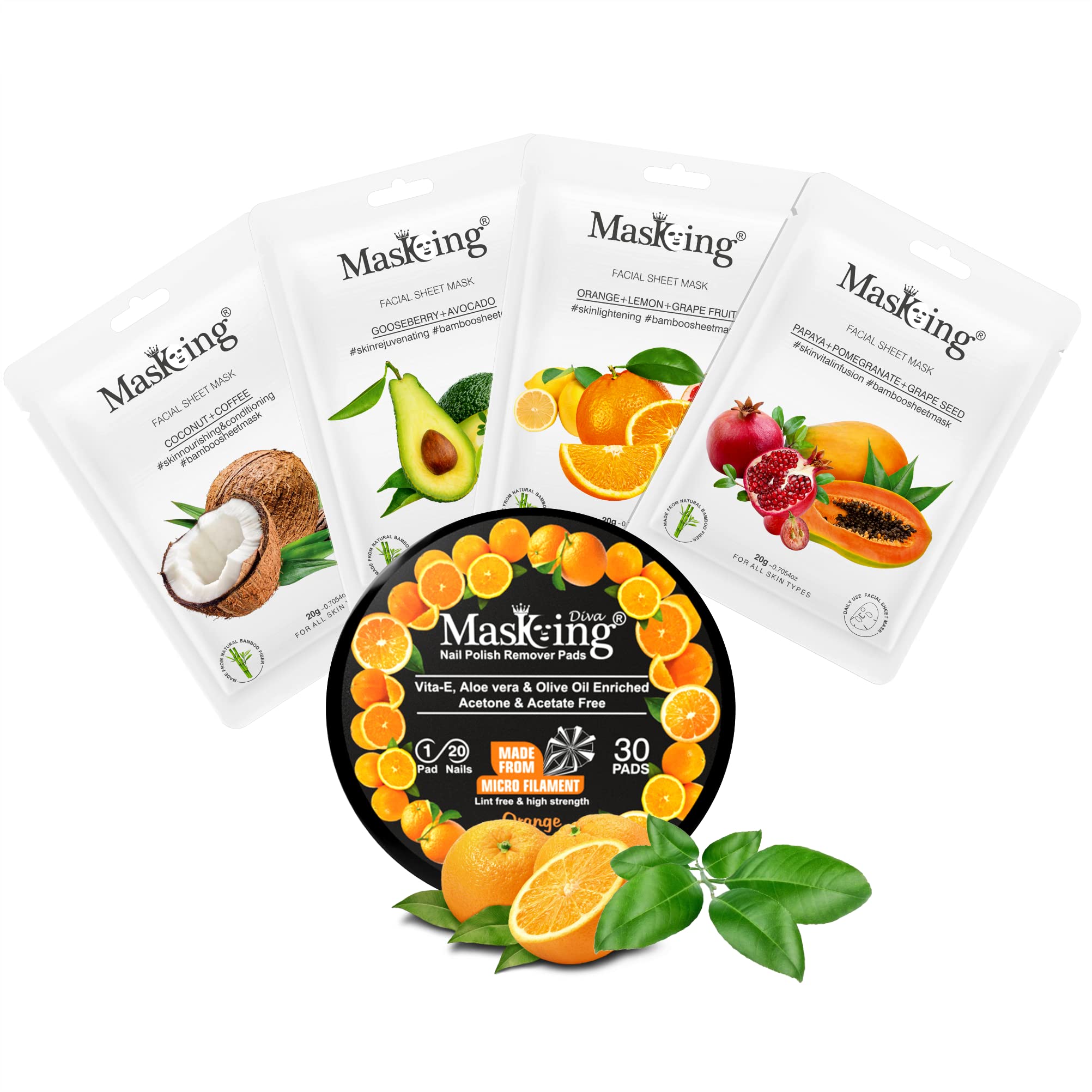 Bamboo Facial Sheet Mask Set - Coconut, Gooseberry, Orange & Papaya (4-Pack) | Diva Orange Nail Polish Remover with 30 Pads | Hydrating Skincare & Nail Care Combo for Women & Men | Perfect for Spa Day, Travel & At-Home Beauty Routine