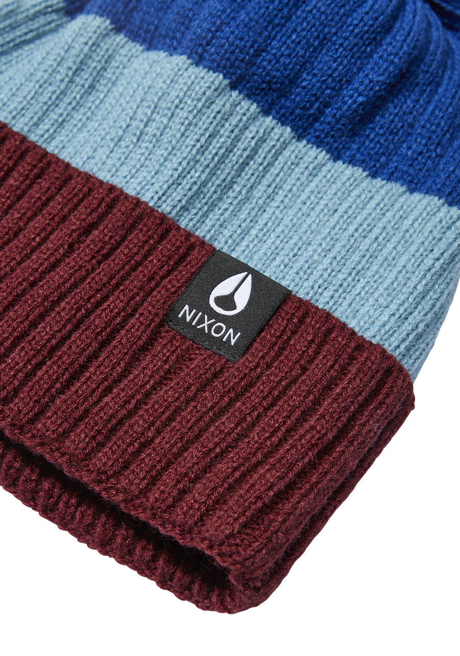Schrader Pom Beanie Hat - Dark Cherry & Blue Winter Knit Cap for Men & Women - Cozy Outdoor Skiing & Snowboarding Accessories