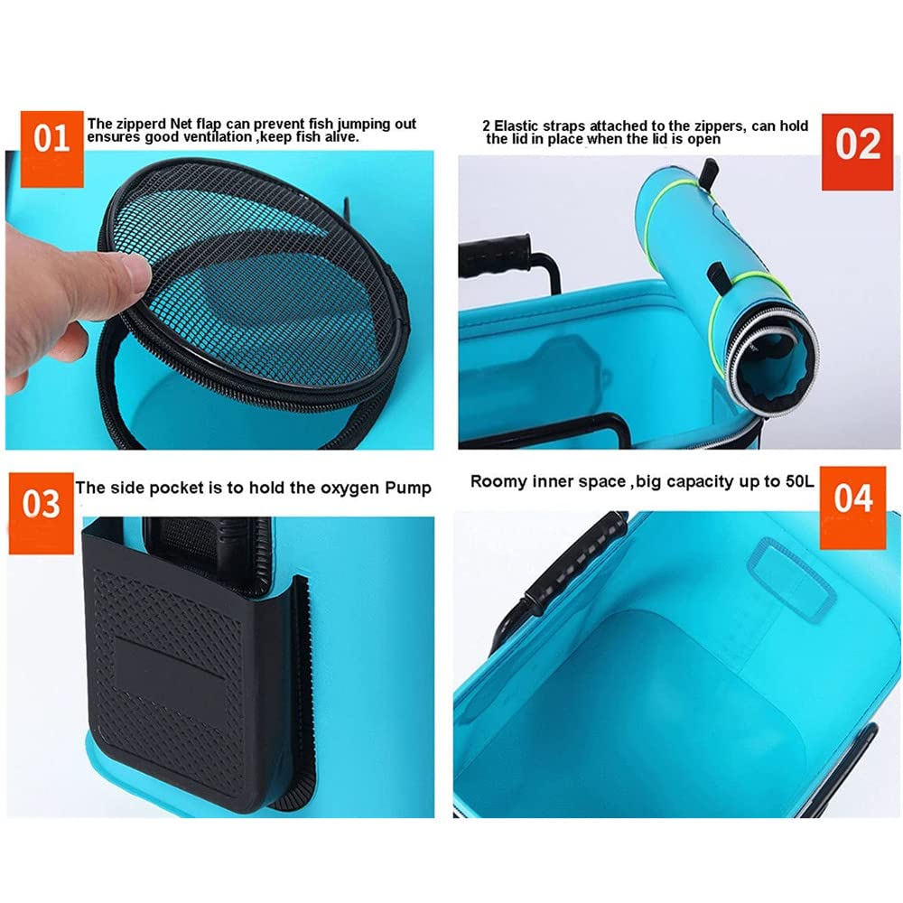 Foldable Fishing Bucket with Oxygen Pump - Portable Collapsible Water Bucket for Fishing, Camping & Outdoor Activities - EVA Fishing Bag with Handle (Light Blue, XL 50x28x28cm) - Ideal for Live Bait Storage, Fish Transport & Beach Trips