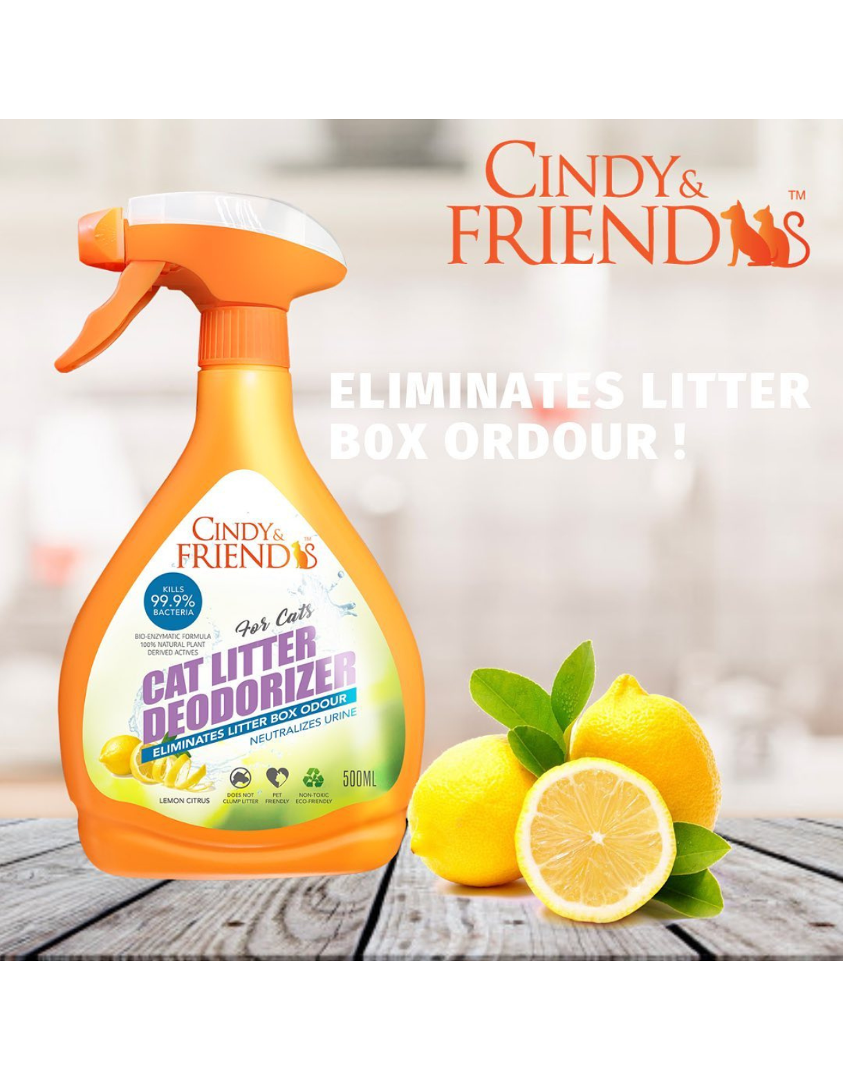 Cindy & Friends Cat Litter Deodorizer Spray - Lemon Citrus Scent, 500ml | Eliminates Odors & Freshens Litter Box | Safe for Cats & Kittens | Ideal for Multi-Cat Homes & Small Spaces