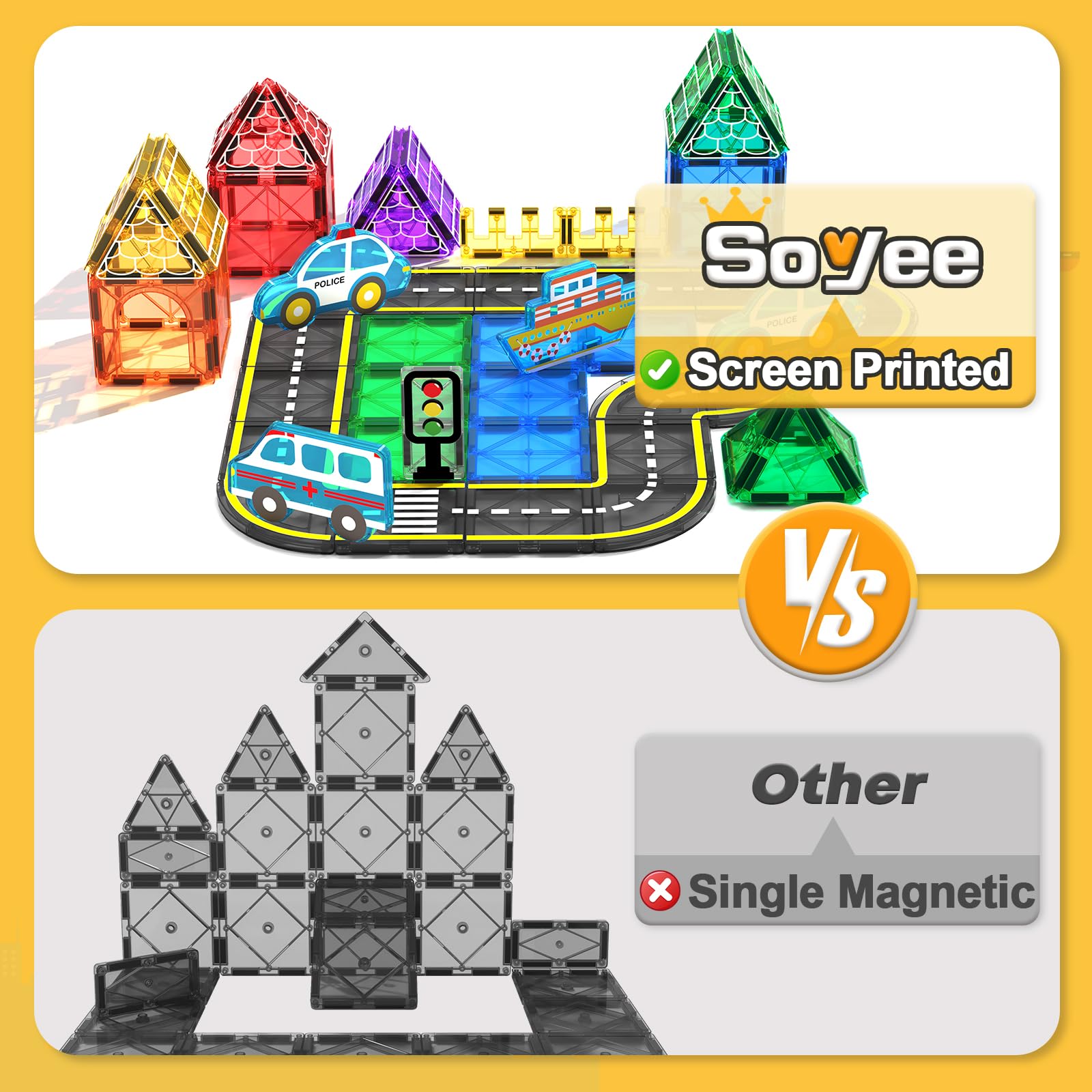 Soyee Magnetic Tiles Road Cars Toys - 120PCS Magnetic Building Blocks for Kids Ages 3-8, STEM Educational Construction Toys for Toddlers & Preschoolers - Perfect Birthday Gift for Boys & Girls | Creative Play, Classroom Learning, Sensory Development