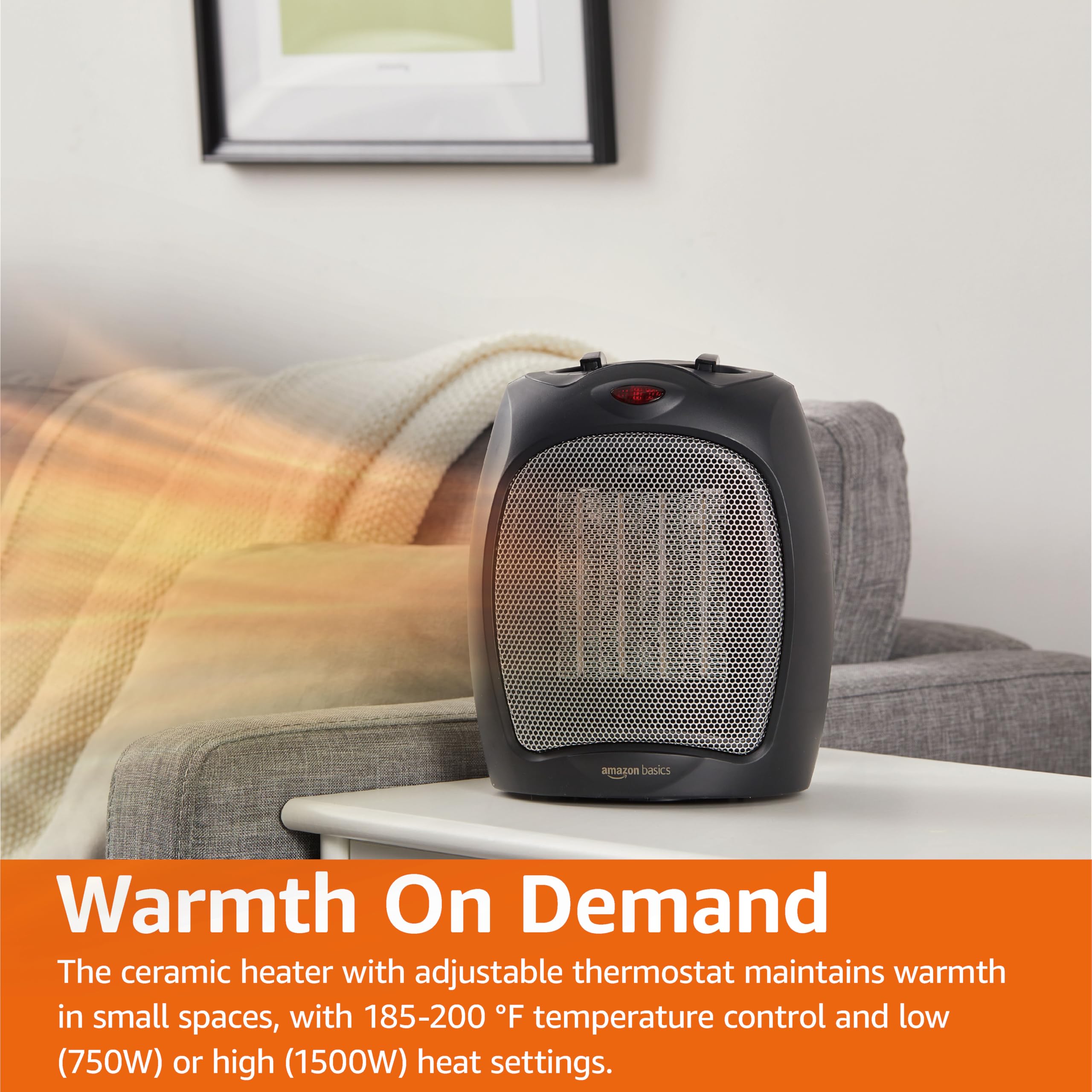 Amazon Basics 1500W Ceramic Space Heater - Portable Indoor Heater with Thermostat, Overheat & Tip-Over Protection for Home, Office, Bedroom - Compact Design (7.52