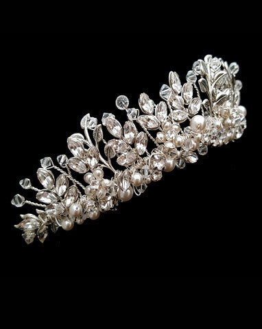Elegant Pearl & Crystal Leaf Wedding Crown by Kezani - Bridal Tiara for Weddings, Prom, Pageants & Special Occasions