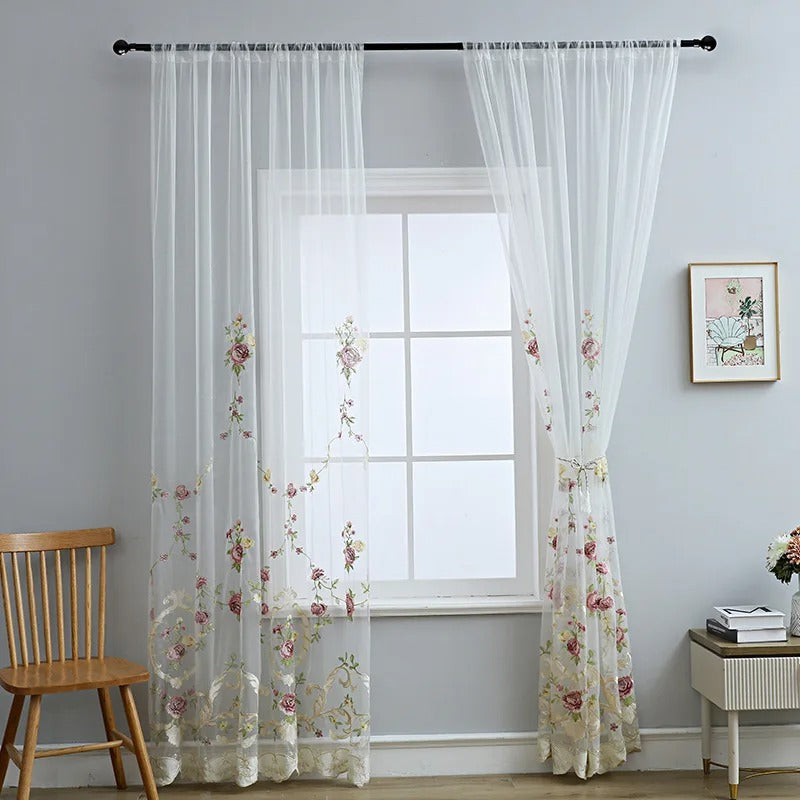 Luxury Pink Floral Embroidered Sheer Curtains - White - Elegant Window Drapes for Living Room, Bedroom & Home Decor