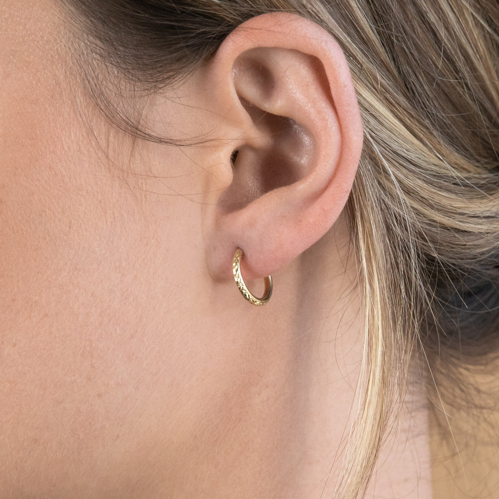 9ct Silver Filled Yellow Gold Diamond Cut 10mm Sleeper Hoop Earrings - Perfect for Everyday Wear, Gifts & Special Occasions